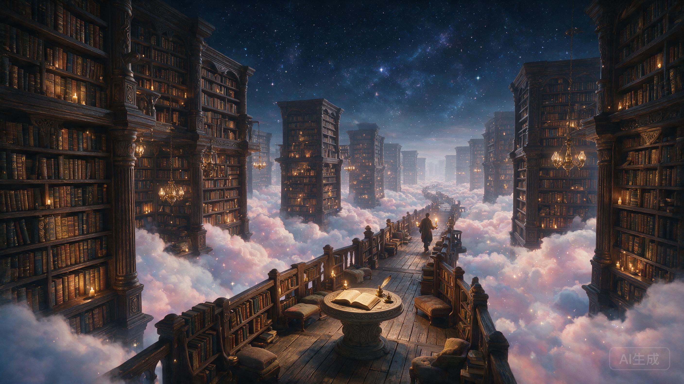 An ethereal library floating among clouds, ancient bookshelves reaching infinity, warm candlelight, mystical atmosphere