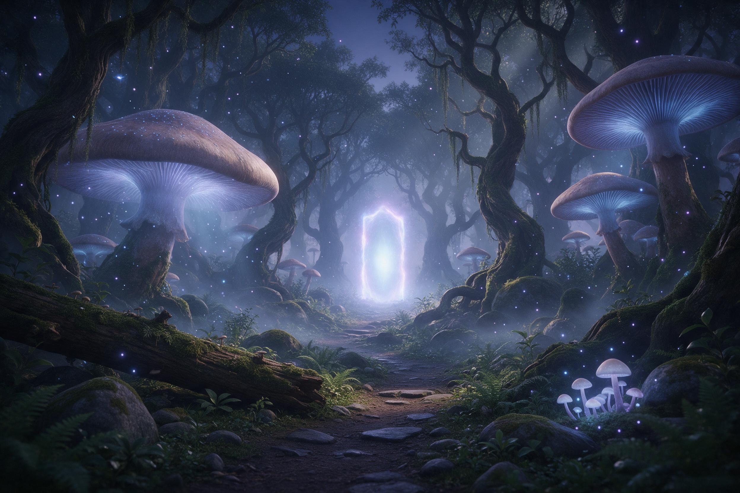 A misty twilight forest, colossal bioluminescent mushrooms casting soft blue and violet glow, ancient gnarled trees draped in hanging moss, tiny floating spores like stars, a winding path leading to a distant shimmering portal, ethereal atmosphere, soft volumetric light, muted natural palette