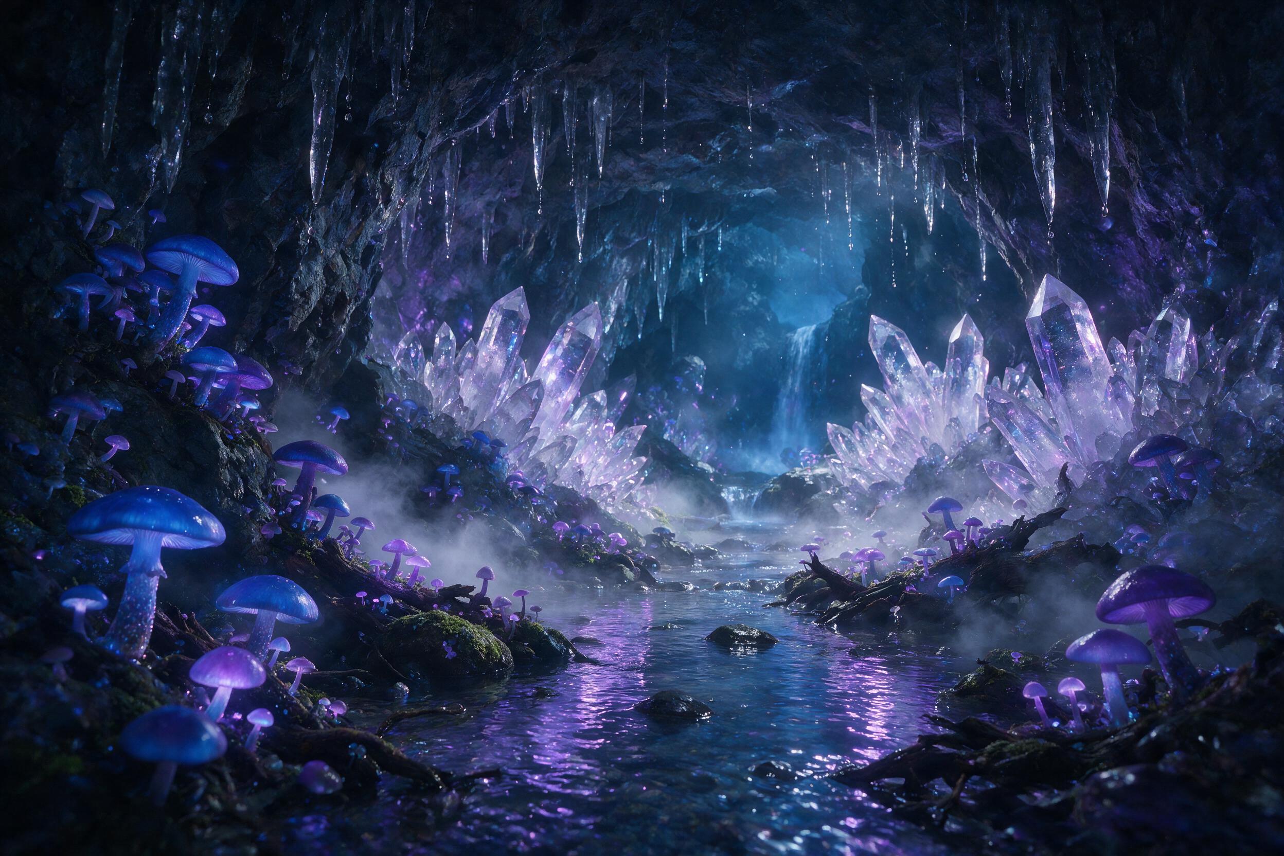 A glowing crystal cave deep underground, bioluminescent mushrooms in purple and blue hues, a small stream reflecting soft light, mist swirling, water droplets on stalactites, ethereal and mysterious atmosphere, soft volumetric lighting