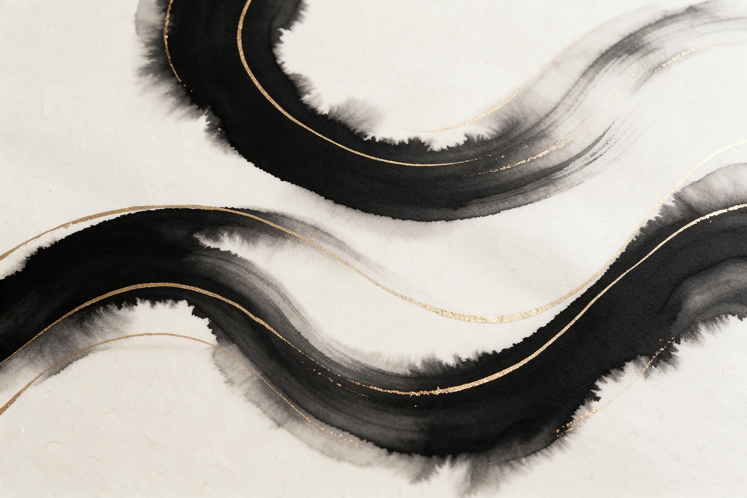 A minimalist abstract composition of smooth, flowing black ink swirls on textured off-white paper, with thin gold leaf lines tracing the curves, soft diffused daylight casting gentle shadows, subtle paper grain visible, elegant and calm, no text
