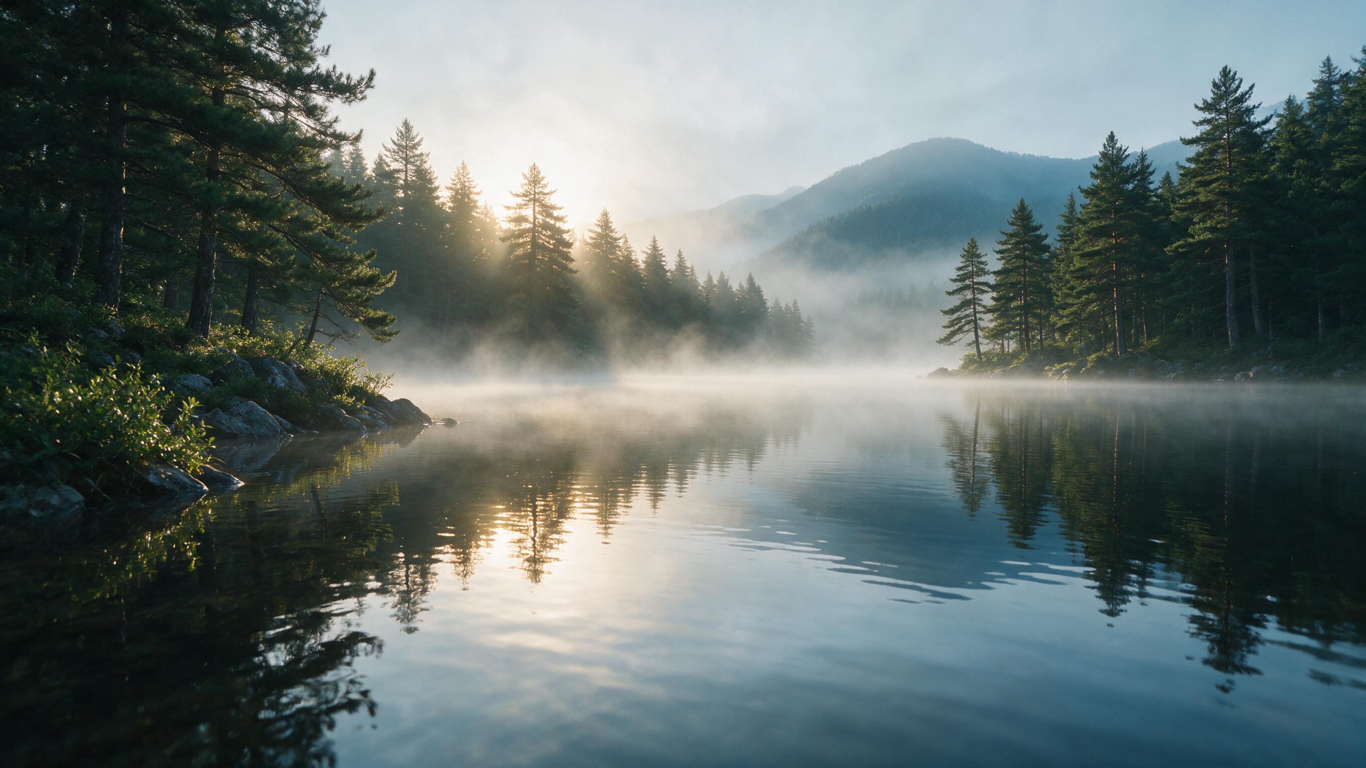 Misty morning over a calm mountain lake, soft golden sunlight breaking through fog, pine trees reflected in still water, gentle ripples near the shore, low angle composition, subtle haze in the distance, natural color palette of deep greens and soft blues, moody atmosphere.