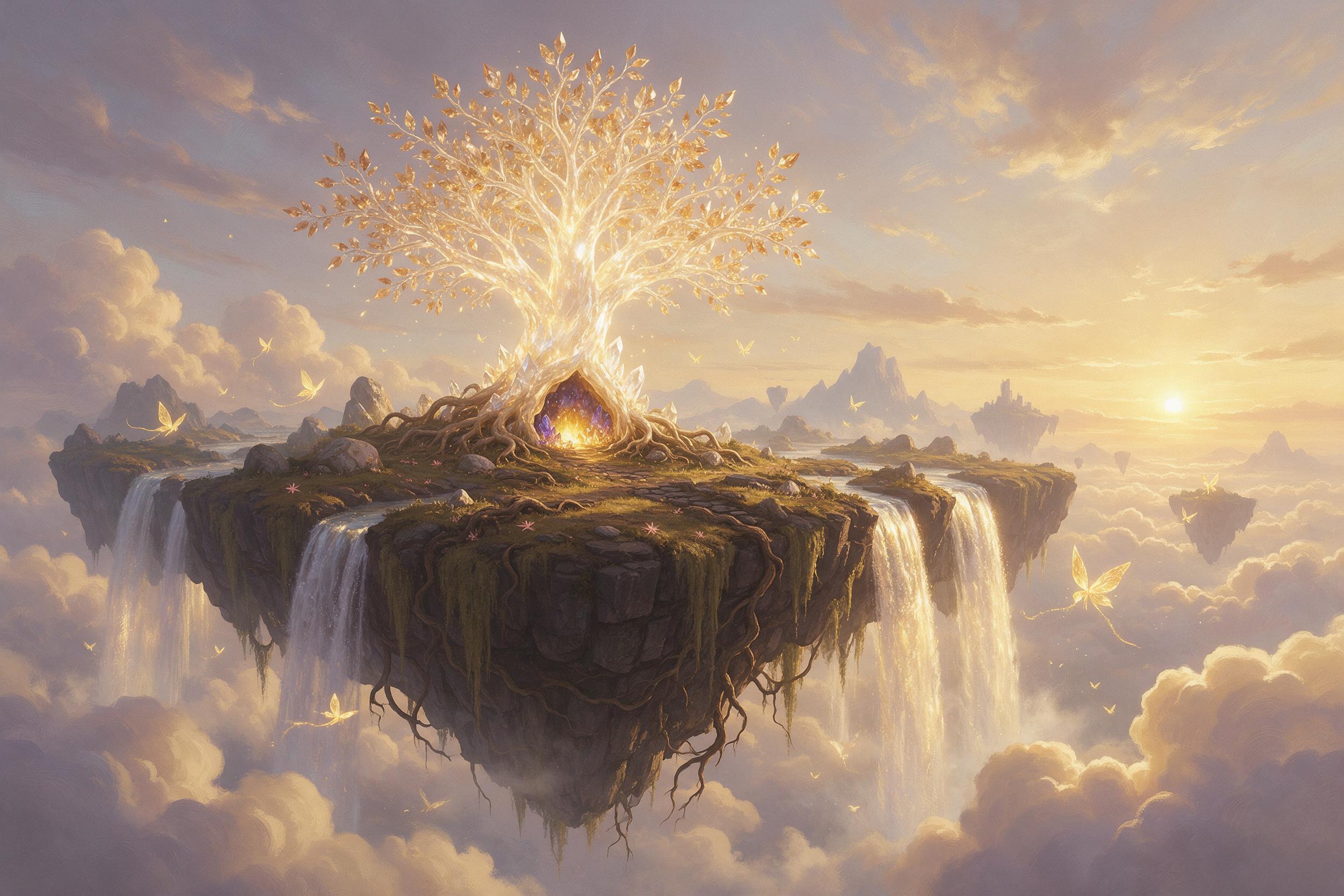 An ancient floating island with a glowing crystal tree at its heart, waterfalls cascading off the edge into misty clouds below, small winged creatures circling, golden hour light, soft atmospheric perspective, painterly style with visible brush strokes