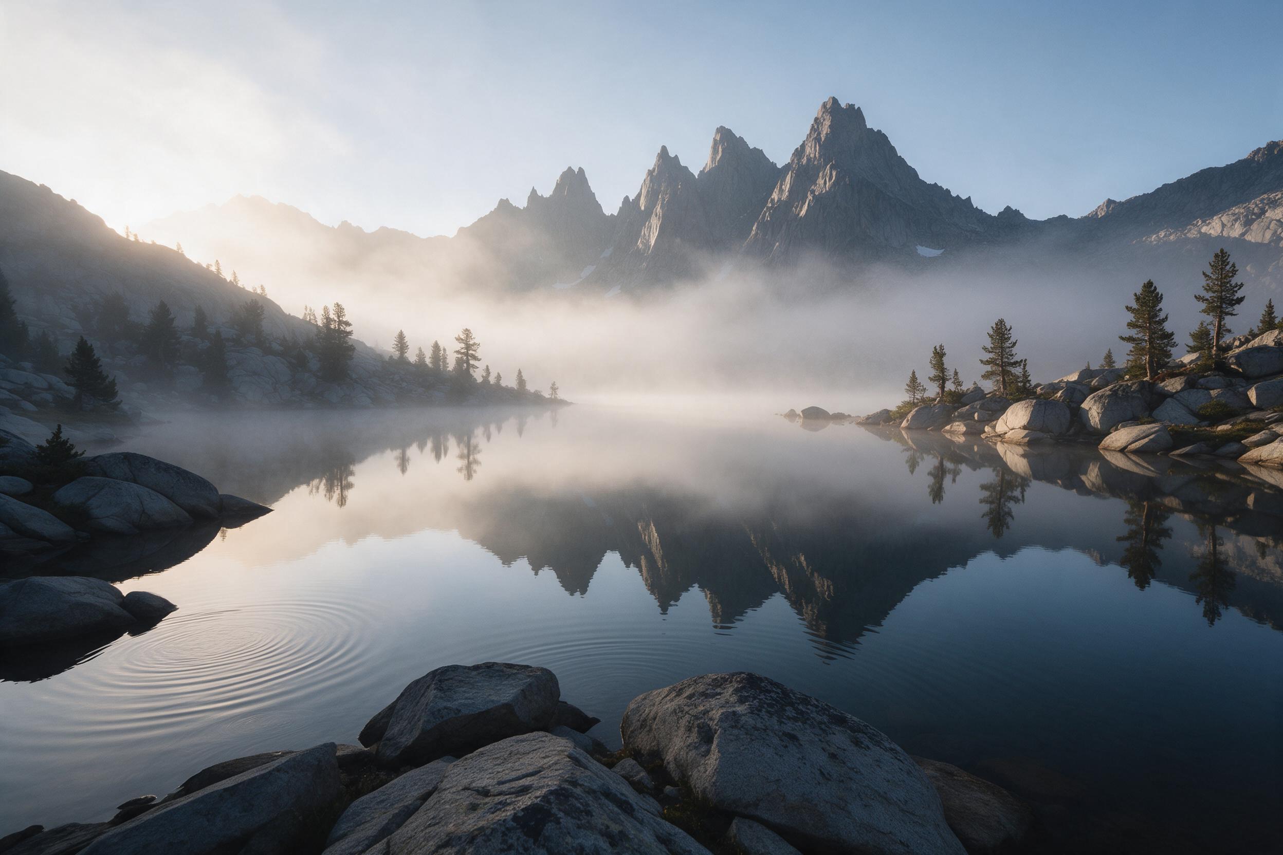 A misty alpine lake at dawn, mirror-still water reflecting jagged granite peaks, soft golden light piercing through low fog, scattered pine trees on rocky shore, subtle warm tones against cool blue shadows, gentle ripples near the edge, serene atmosphere, wide-angle composition with foreground rocks