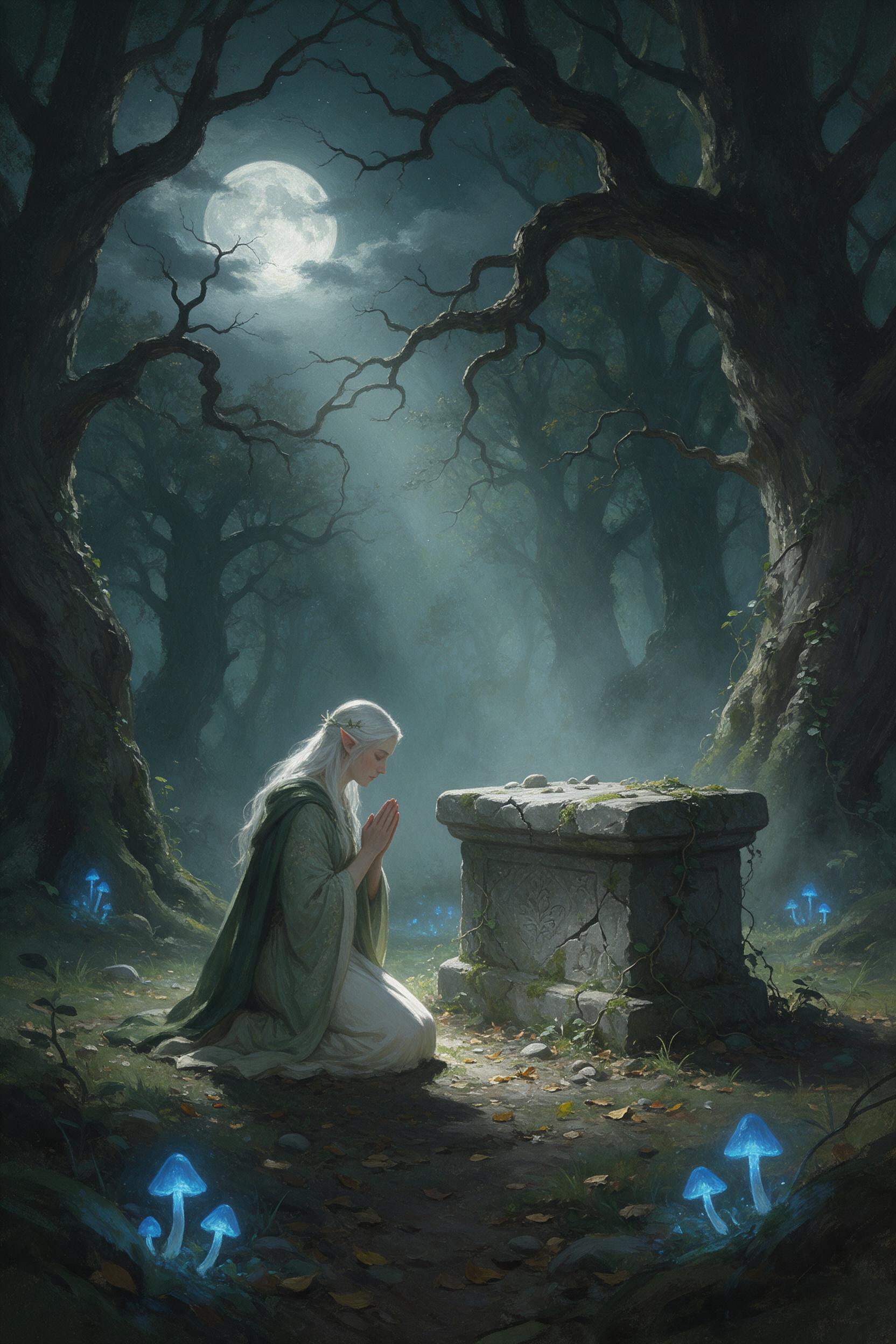 A misty, moonlit forest clearing where glowing blue mushrooms sprout around an ancient stone altar, with a silver-haired elf kneeling in prayer, soft volumetric light filtering through twisted branches, deep shadows, ethereal atmosphere, painterly brush strokes, muted greens and teals with luminous 