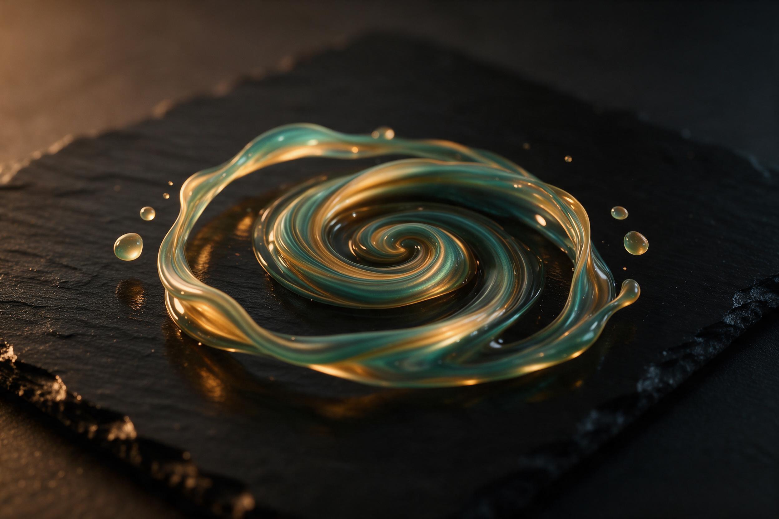 Liquid marble flowing across a black slate surface, ribbons of iridescent teal and gold twisting in a dynamic spiral, suspended droplets catching warm amber light from the left, subtle reflections, minimalist composition with negative space, fine art style, crisp focus