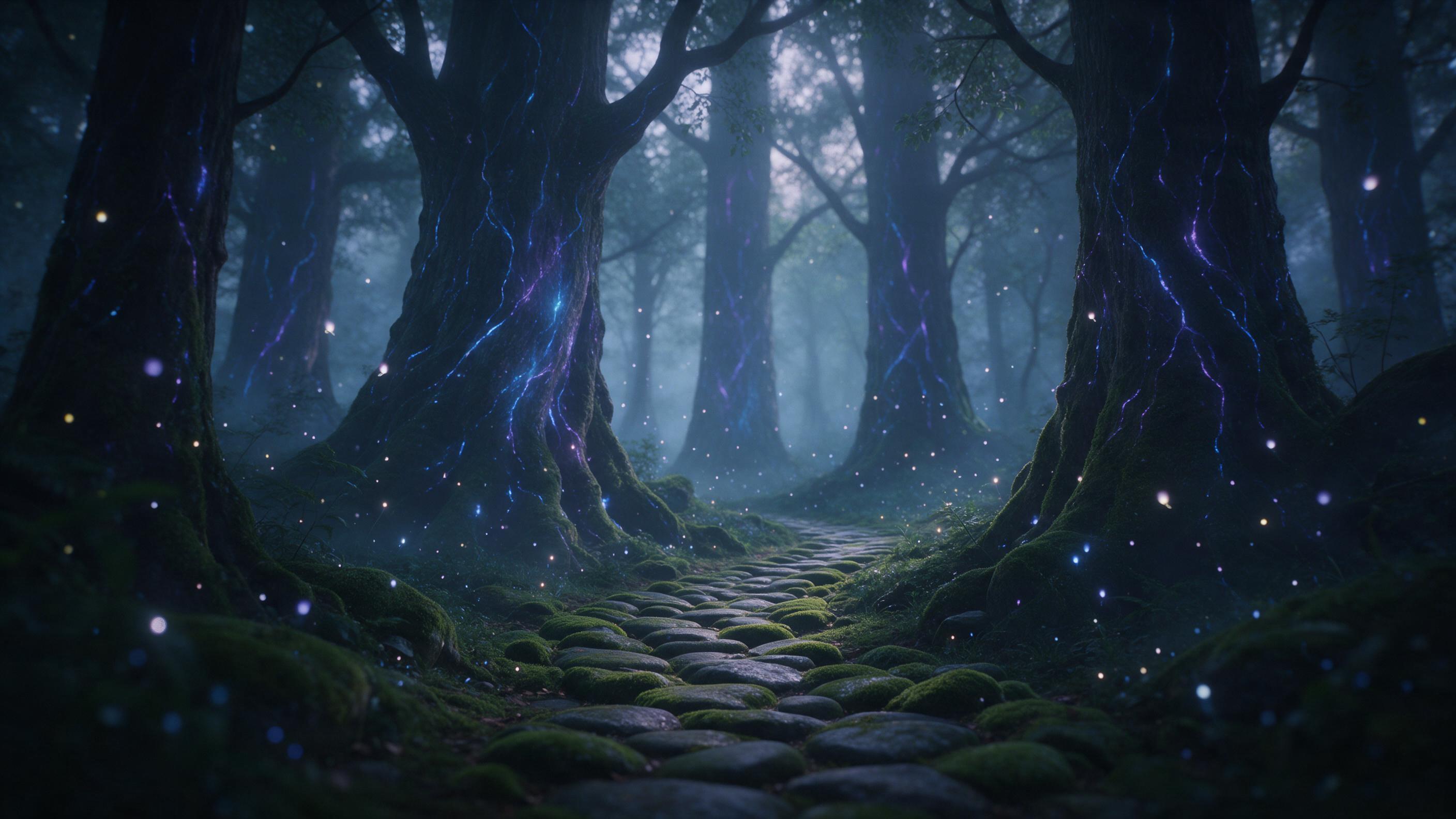 A misty bioluminescent forest at twilight, towering ancient trees with glowing blue and purple veins, floating spores like tiny lanterns, a winding path of moss-covered stones, ethereal fog, soft diffused light filtering through canopy, shallow depth of field, tranquil and mysterious atmosphere
