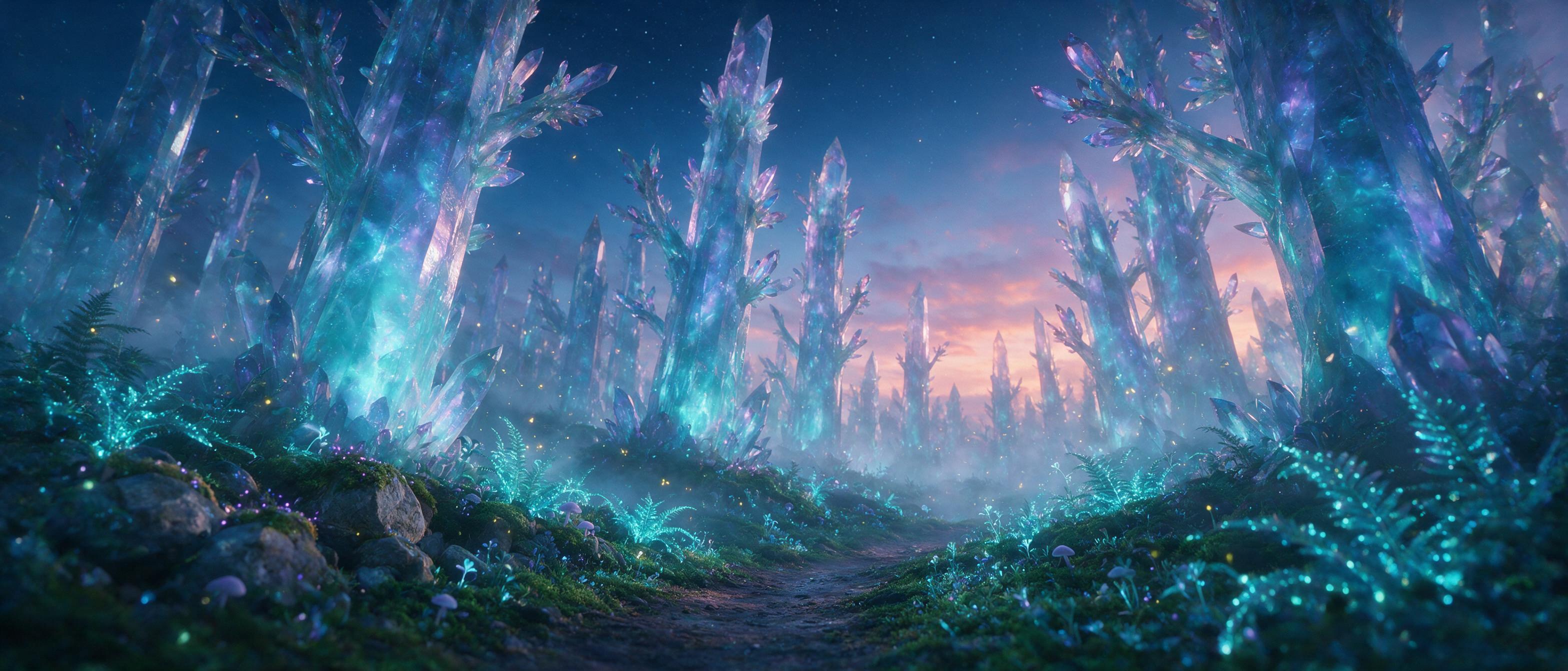 A glowing crystalline forest at twilight, bioluminescent ferns and towering crystal trees emit soft cyan and violet light, a misty path winds through the undergrowth, fireflies drift in the air, gentle fog fills the distance, ethereal atmosphere, cinematic composition with a low camera angle looking