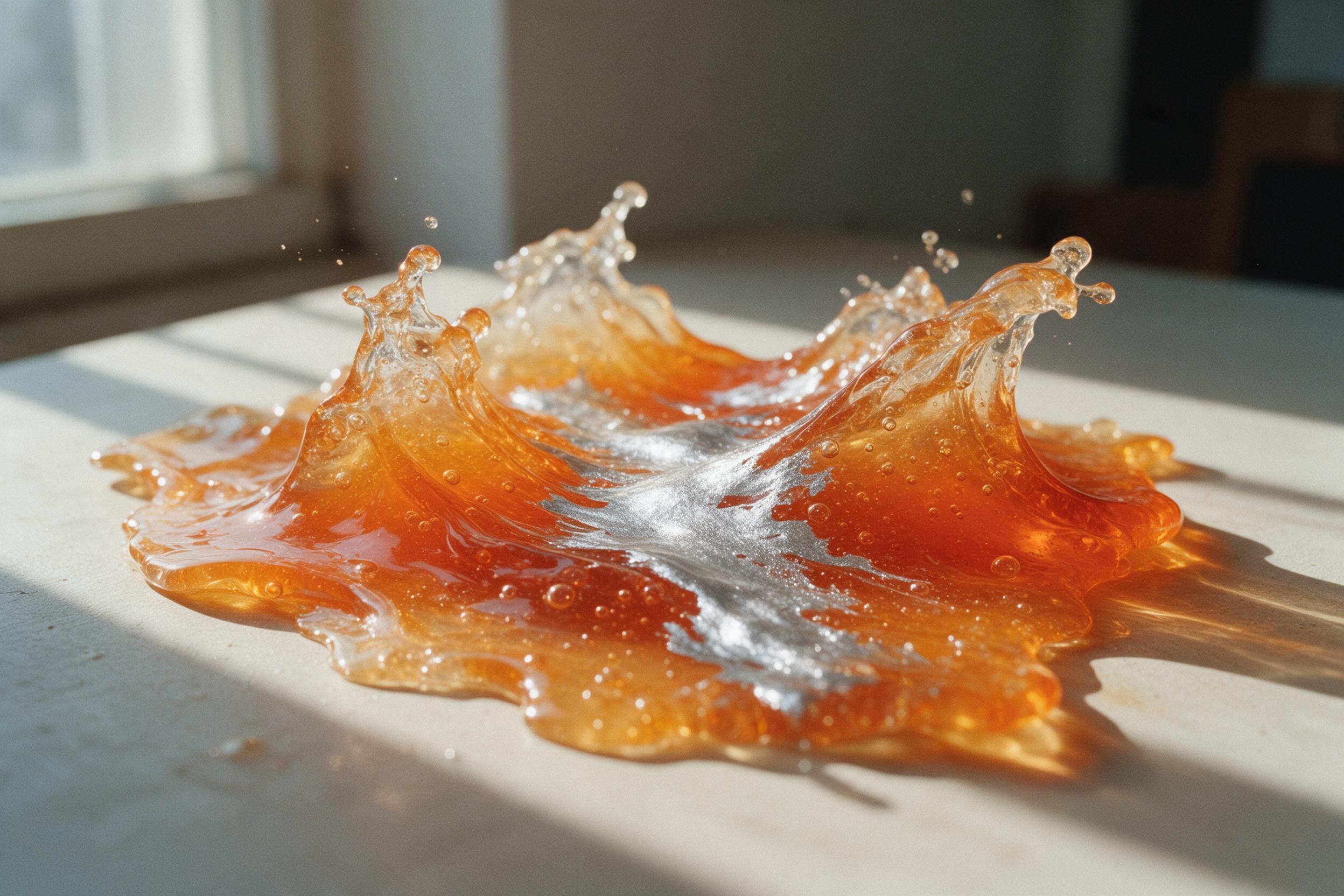Macro view of translucent orange and amber resin waves frozen mid-motion, with embedded air bubbles and a streak of mirror-like silver paint across the center; shot on medium format film, grainy, shallow depth of field, natural window light from the left casting long shadows and a warm glow.