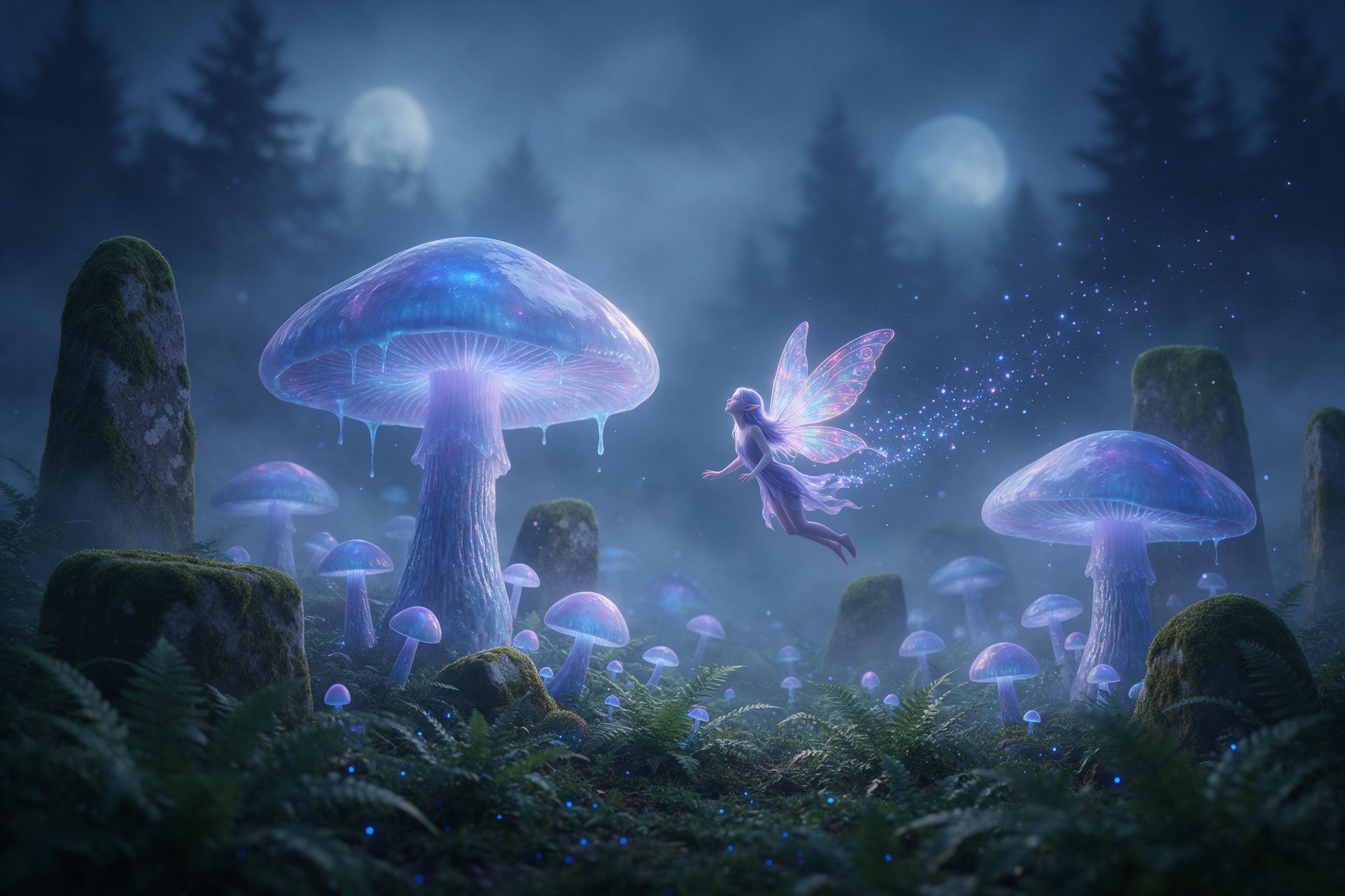 A misty forest clearing at twilight, where giant glowing mushrooms with translucent caps emit soft blue and violet light, illuminating ancient moss-covered stones. A small fairy with iridescent wings hovers near the center, leaving a trail of sparkling dust. Foreground ferns, background silhouette o