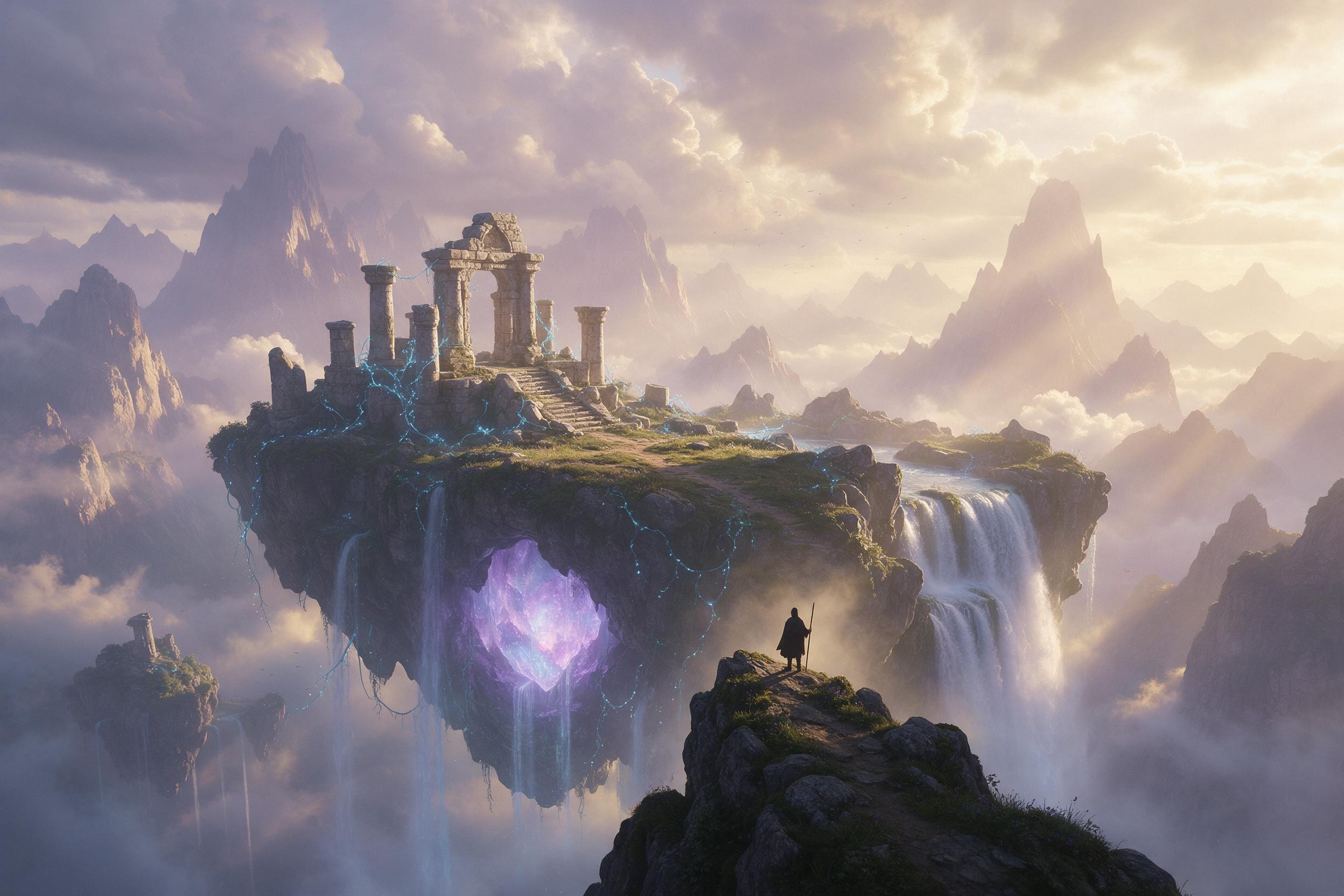 An ancient floating island with a glowing crystal core, cascading waterfalls plunging into a misty abyss below. Luminescent blue vines wrap around ruins of a stone temple. Ethereal light rays pierce through overlapping clouds, casting soft violet and gold hues. A tiny silhouetted figure stands at th