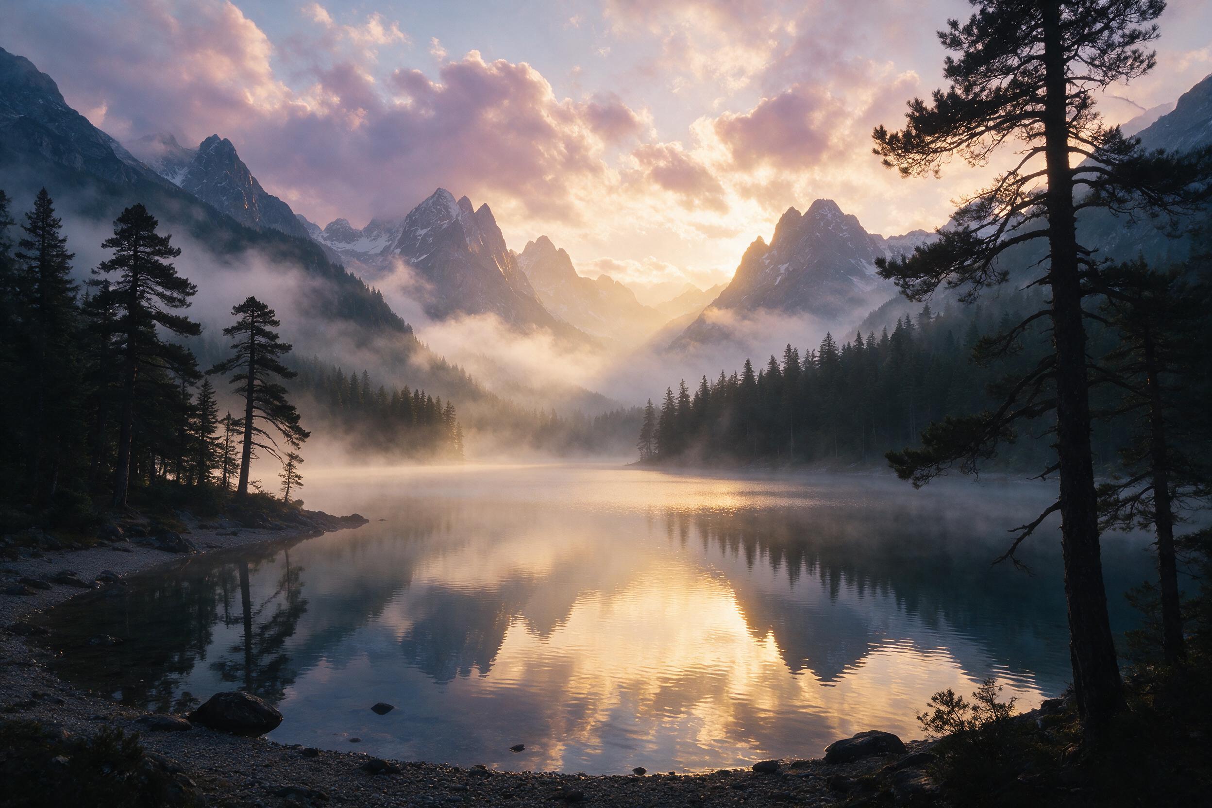 A misty alpine lake at dawn, mirrored reflection of jagged peaks, soft golden light piercing through clouds, pine trees silhouetted in foreground, calm water surface with slight ripples, atmospheric perspective, wide-angle composition