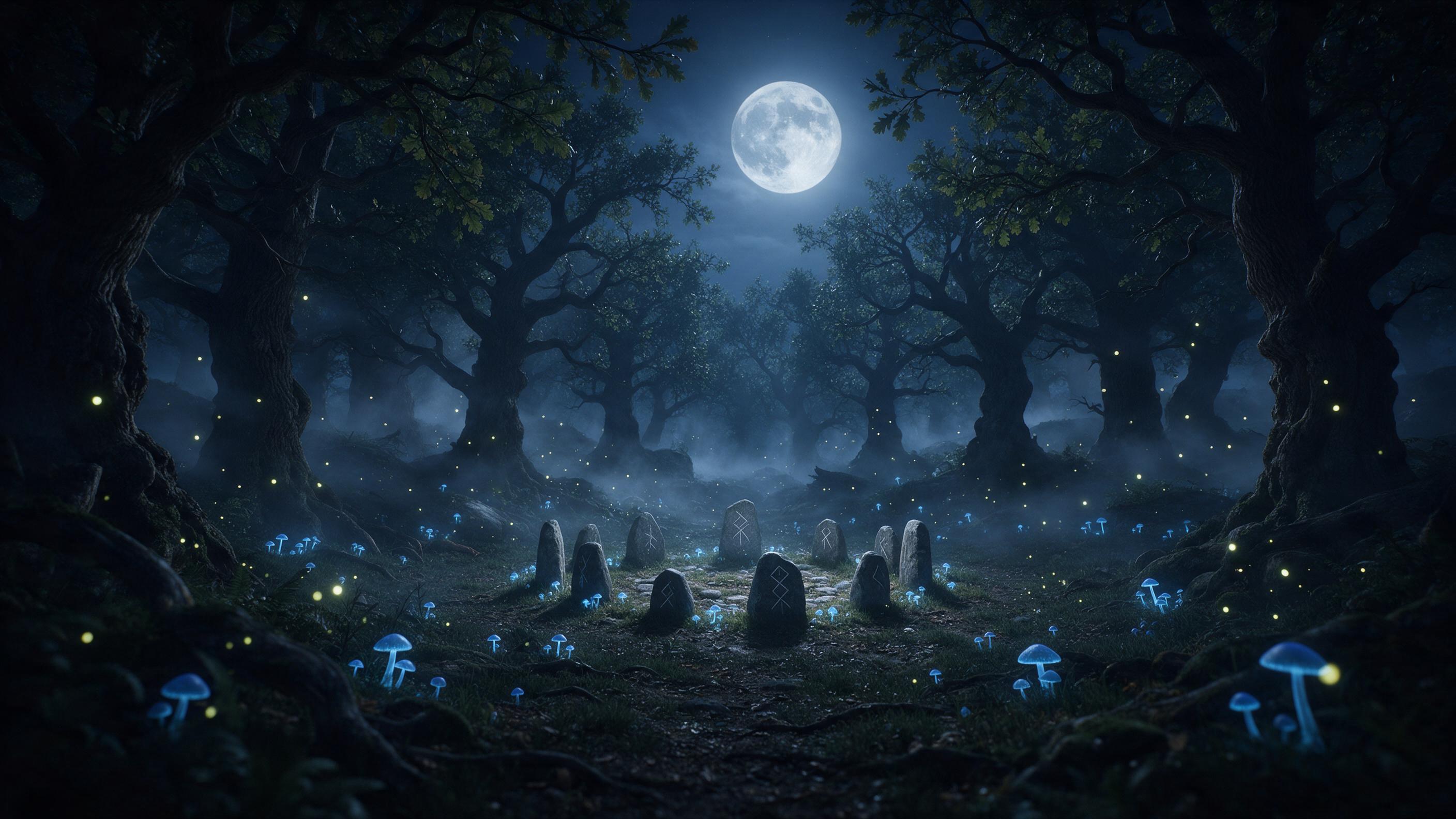 A moonlit ancient forest clearing, glowing blue mushrooms and floating fireflies, a small stone circle with runes, mist weaving between gnarled oak trunks, soft silver light from a full moon, deep shadows and cool tones, cinematic composition with low angle, ethereal atmosphere