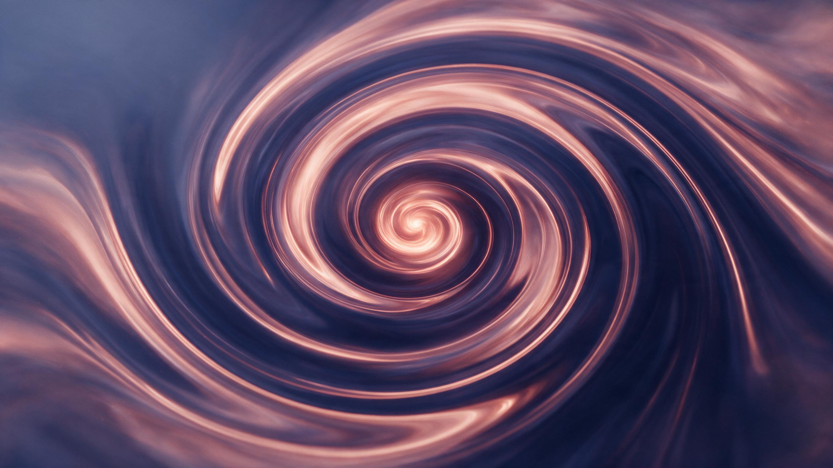 Swirling liquid light patterns in deep indigo and rose gold, smooth curves forming a vortex, reflective surfaces creating subtle highlights, soft gradient background, composition centered with radial symmetry, ambient lighting suggests gentle motion