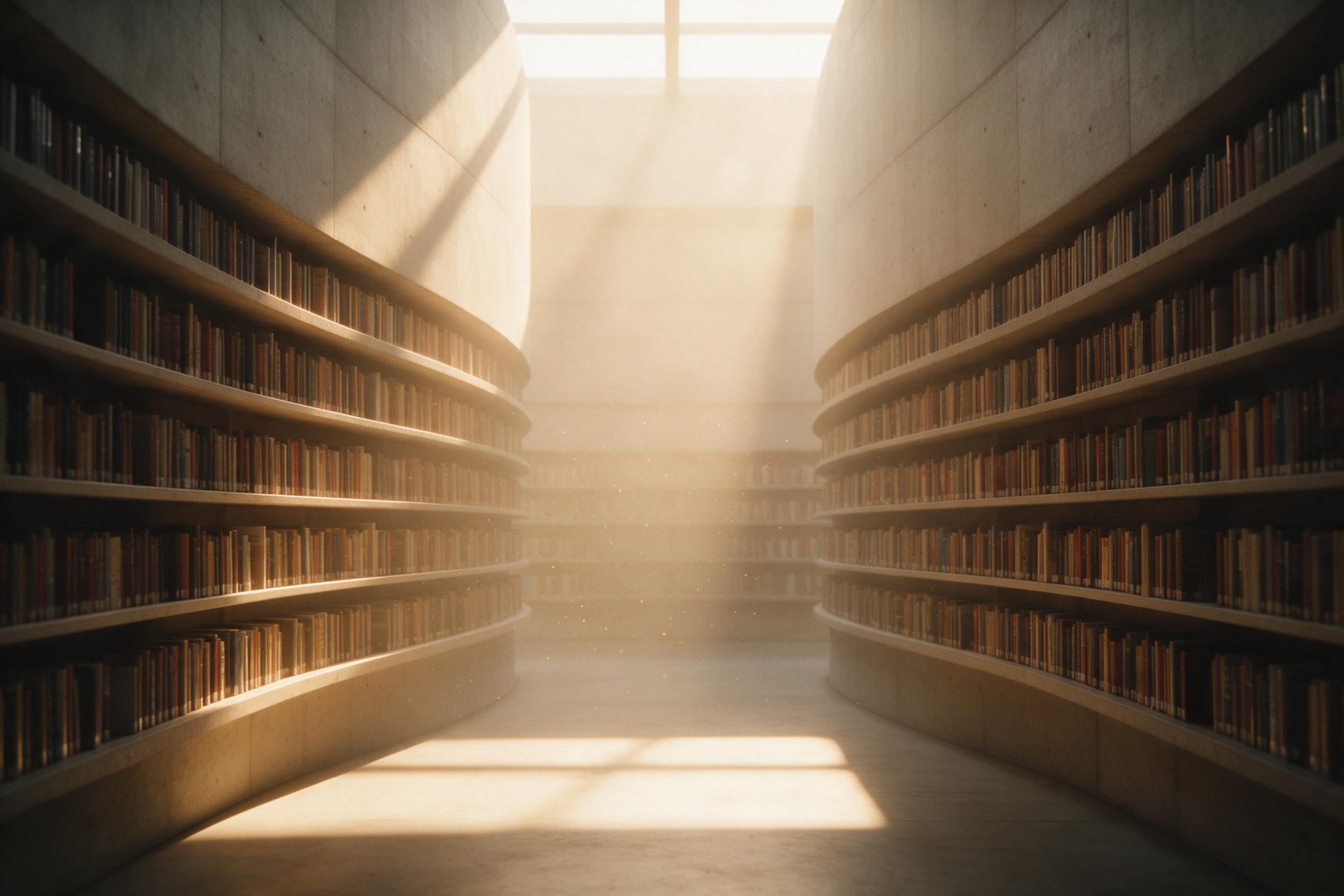 A grand minimalist concrete library interior at golden hour, massive curved bookshelves fading into warm haze, soft sunlight streaming through a skylight, dust particles floating, symmetrical composition, shallow depth of field, subtle film grain.