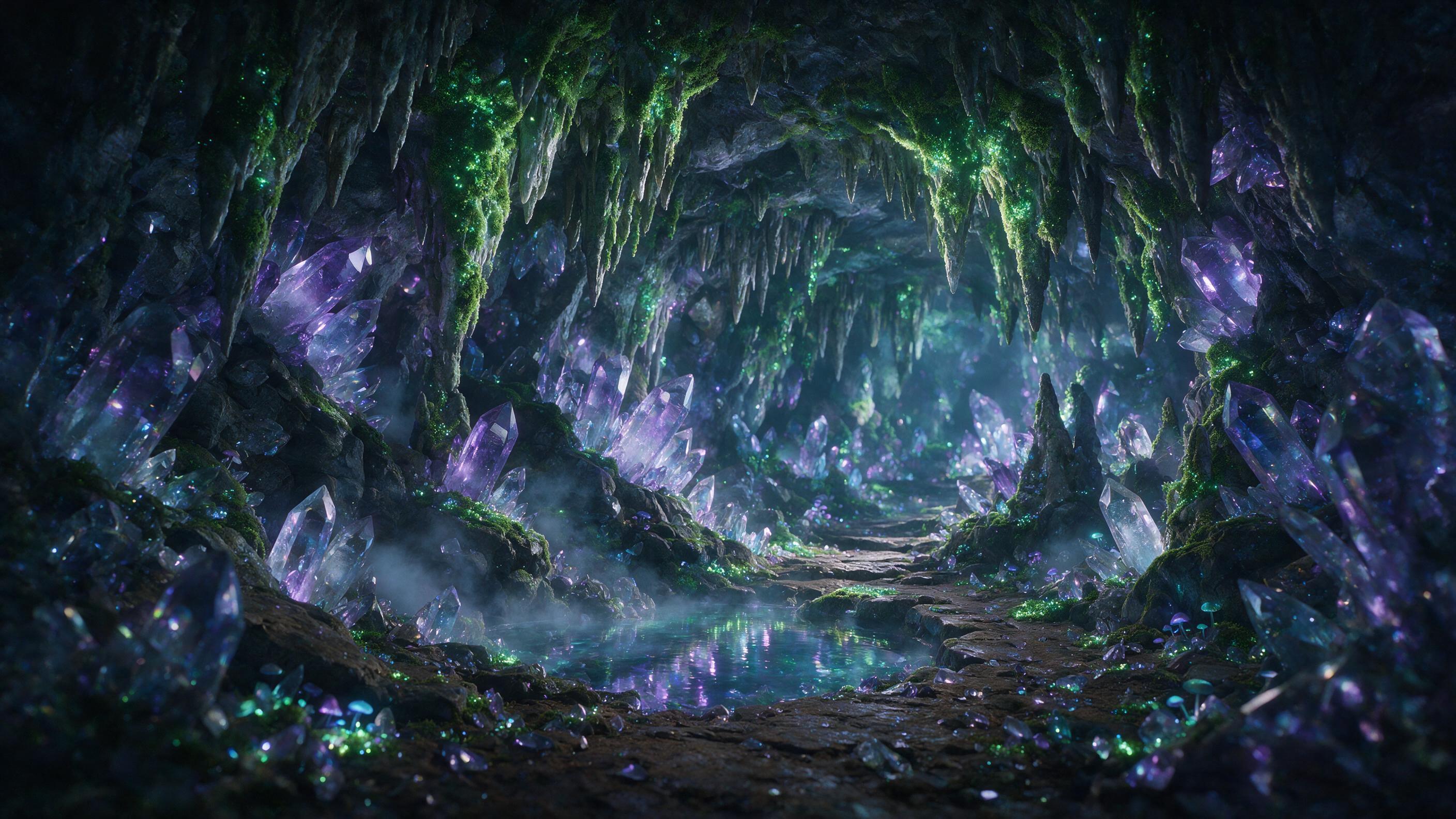 A glowing crystal cave deep underground, bioluminescent moss covering jagged stalactites, purple and blue light refracting through translucent quartz formations, a small pool of shimmering water reflecting the ethereal glow, soft mist curling around the rocks, composition with leading lines into the