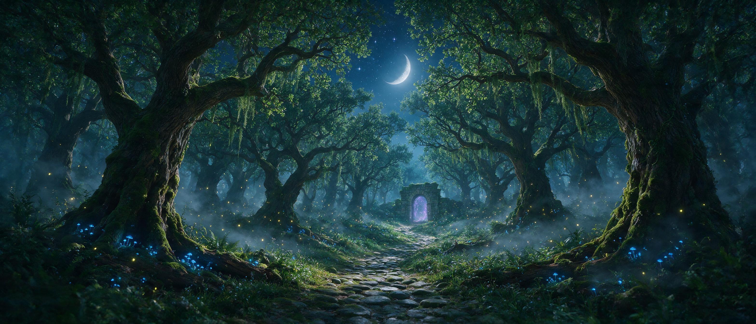 A moonlit enchanted forest, ancient oaks with glowing blue mushrooms at their roots, a narrow winding path of mossy stones, silver mist curling between trunks, fireflies casting soft yellow light, a distant stone archway with a faint purple glow, ultra wide angle, dreamy atmosphere, no people, no bu
