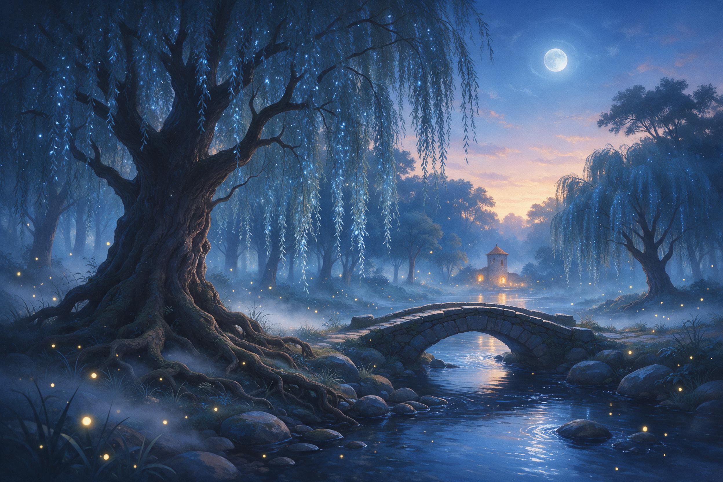 An ethereal forest at twilight, ancient giant willow trees with glowing blue leaves, soft mist curling around roots, a small stone bridge over a shimmering stream, fireflies drifting, warm golden light from a distant lantern, cool moonlit shadows, dreamy atmosphere, painterly style with soft brush s