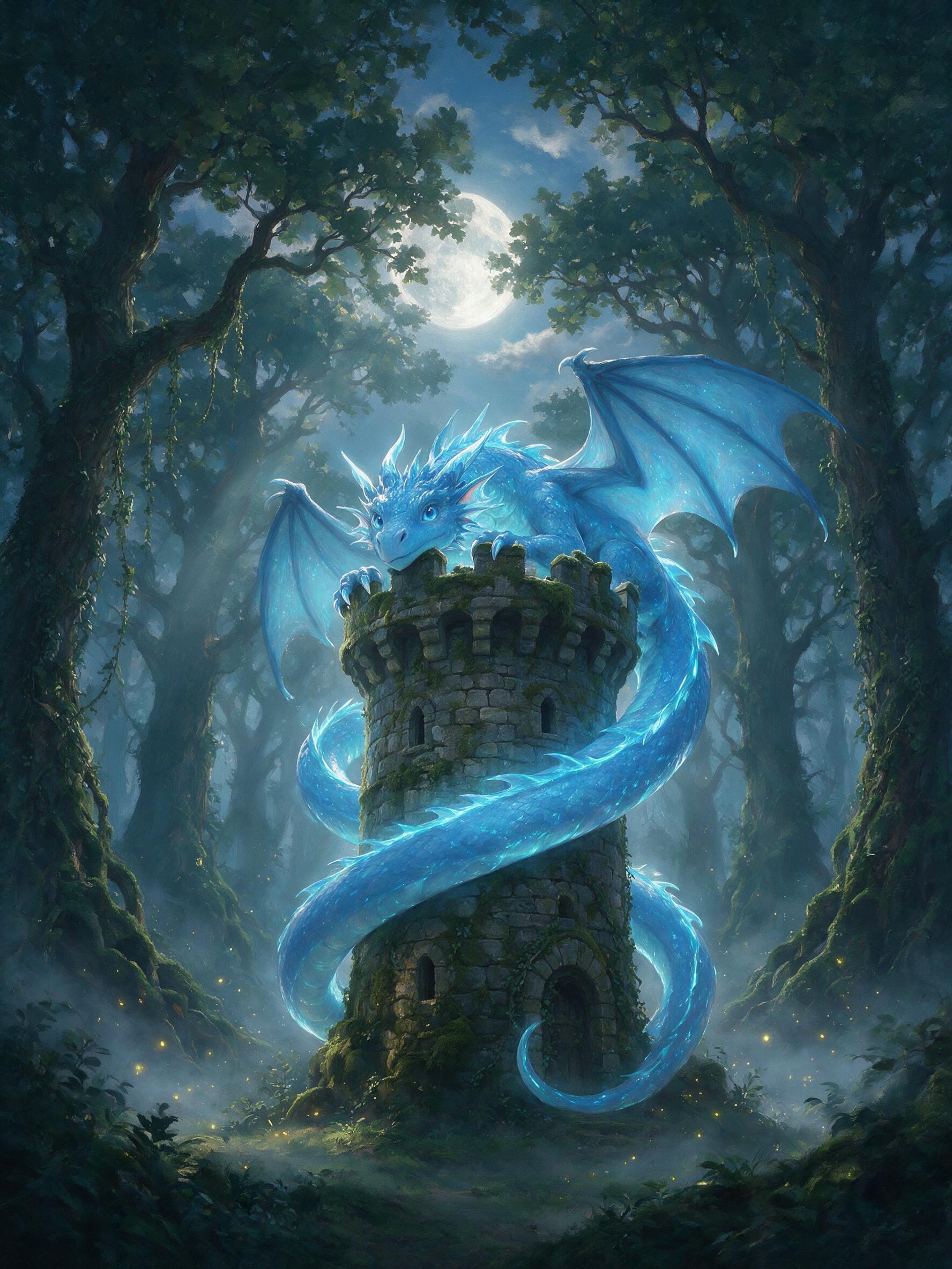 A glowing blue dragon curls around a mossy stone tower in a misty forest, moonlight filtering through ancient leaves, scattered fireflies, soft volumetric light, shallow depth of field, painterly style with visible brushstrokes.
