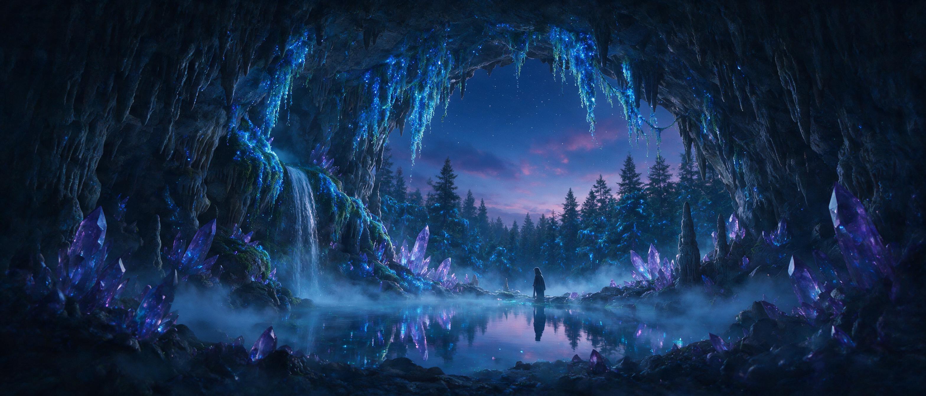 A glowing crystal cavern beneath a twilight sky, bioluminescent moss dripping from stalactites, a small waterfall feeding a mirror-like pool, ethereal blue and violet light, a lone figure in a hooded cloak standing at the pool's edge, soft mist, cinematic composition, dreamy atmosphere