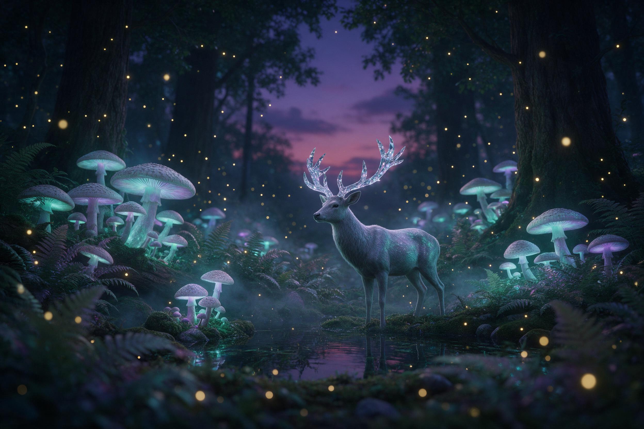 Ancient forest clearing at twilight, giant glowing mushrooms casting teal and violet light, a silver stag with crystalline antlers stands by a mossy pond, mist curling between ferns, fireflies in the air, soft bokeh, cinematic depth