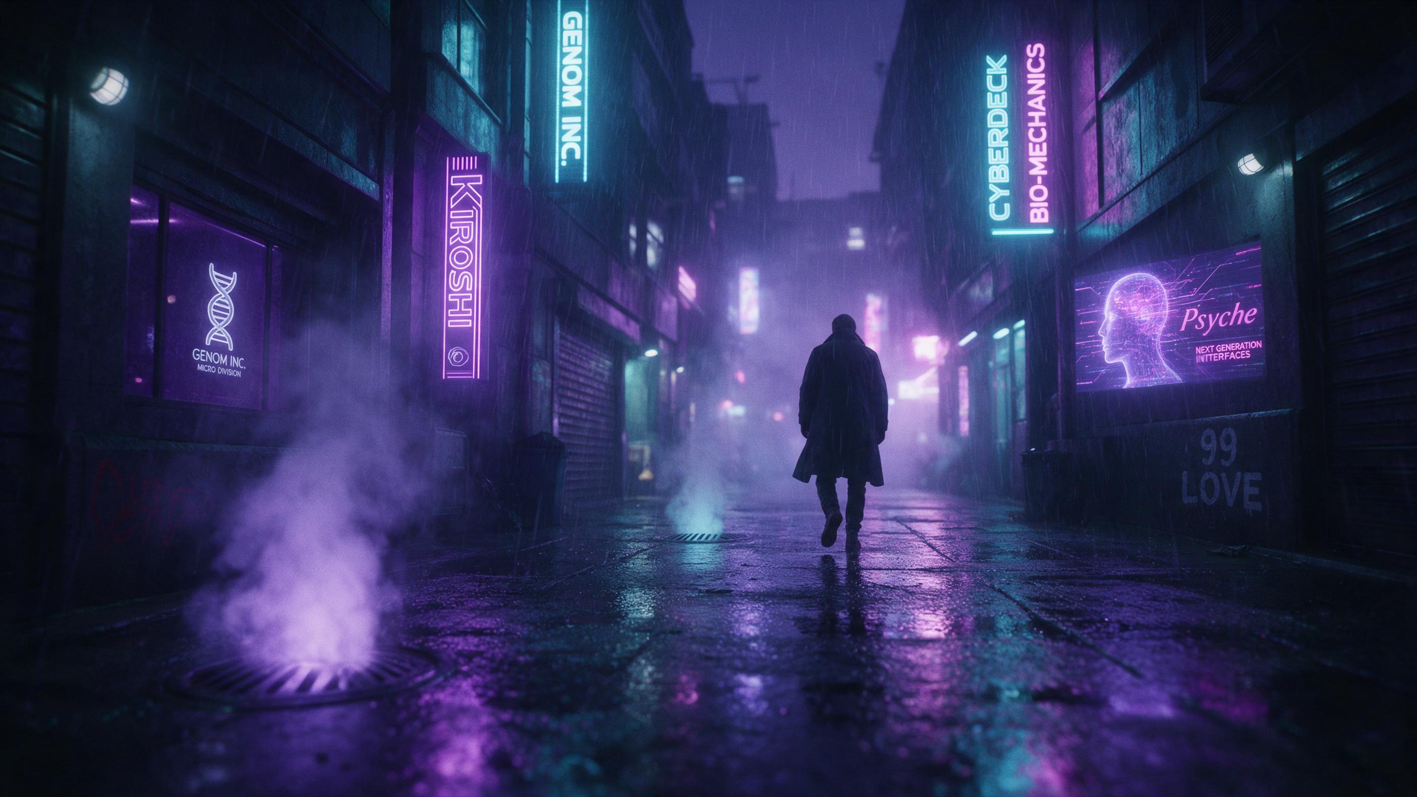 Neon-lit rain-soaked alleyway in a cyberpunk city, holographic signs flicker, steam rising from vents, a lone figure in a trench coat walking away, reflections on wet concrete, moody purple and cyan tones, cinematic composition, slight lens flare, shallow depth of field, motion blur on rain streaks,