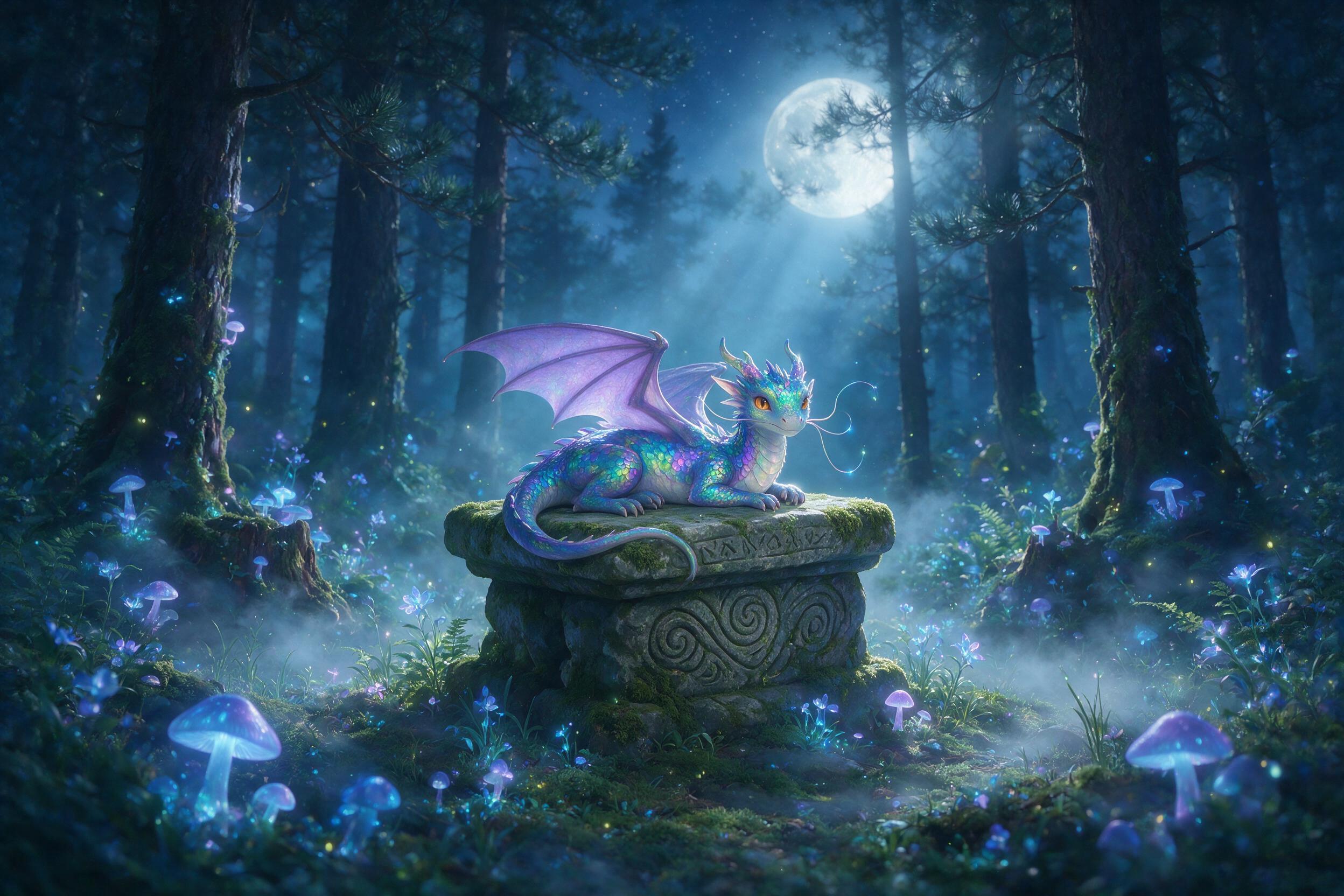 A moonlit forest glade, bioluminescent mushrooms and flowers glow in blue and purple, a small dragon with iridescent scales curls around an ancient stone altar, soft mist, fireflies, ethereal light rays through tall pines, shallow depth of field, painterly, dreamy atmosphere.