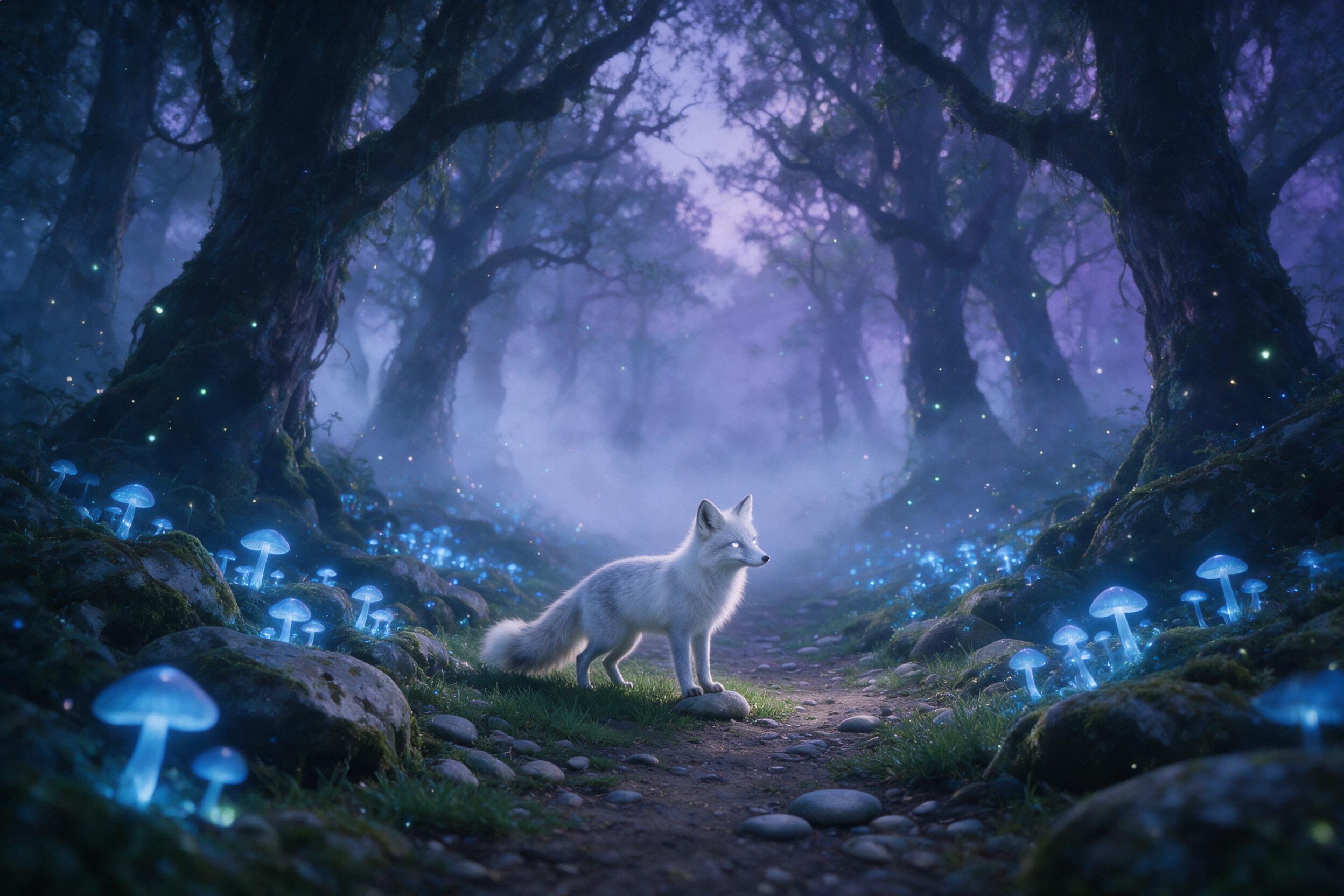 A misty forest at twilight, where glowing blue mushrooms line a winding path, their light casting soft shadows on ancient moss-covered stones. A silver fox with luminous eyes stands mid-path, turning its head. Background fades into deep violet fog, with fireflies scattered like stars. Shot on 35mm f