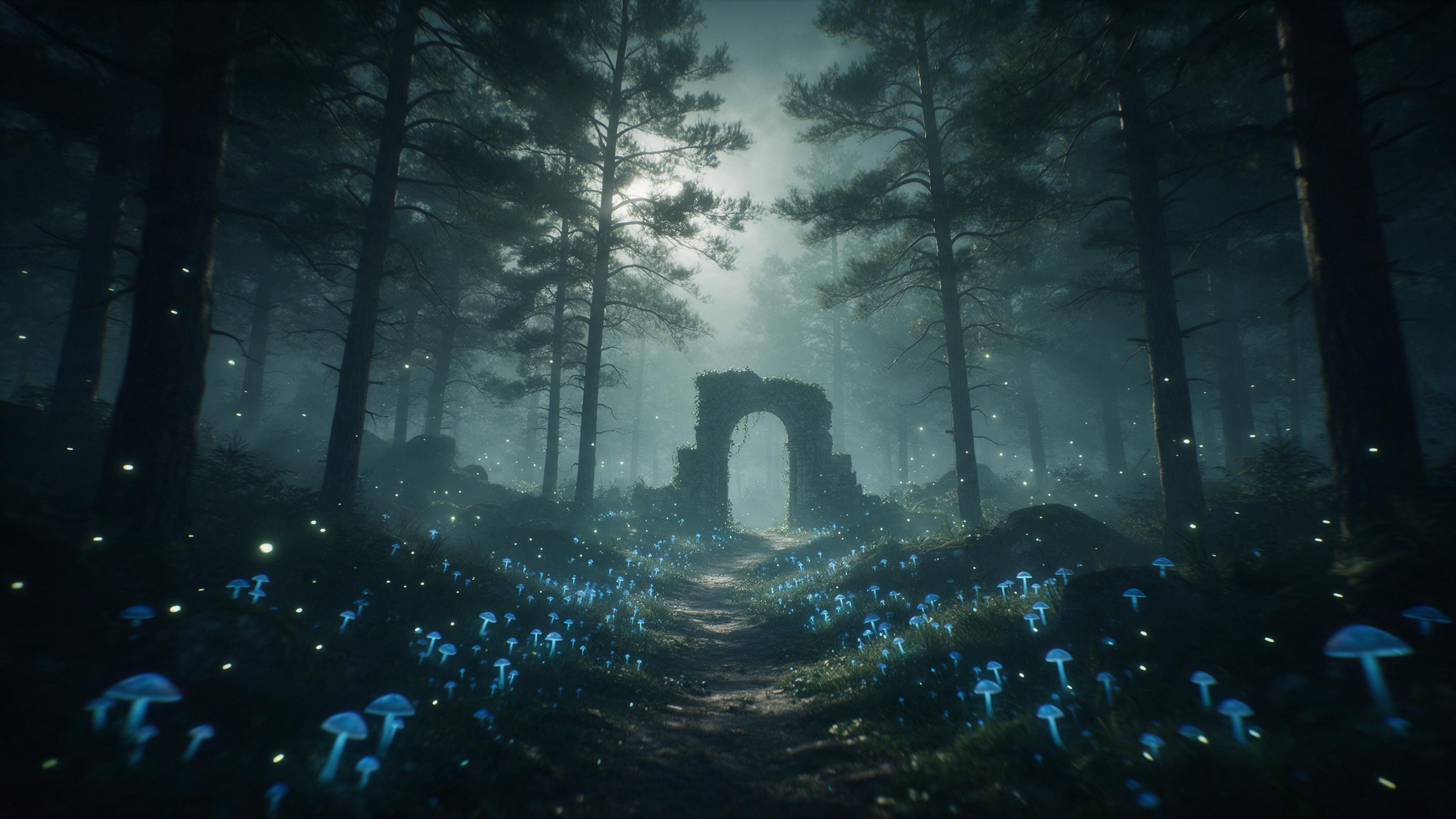 A misty ancient forest with glowing blue mushrooms and fireflies, a winding path leading to a ruined stone arch wrapped in ivy, soft moonlight filtering through tall pines, ethereal fog, muted teal and silver palette, slight camera shake for a dreamlike feel