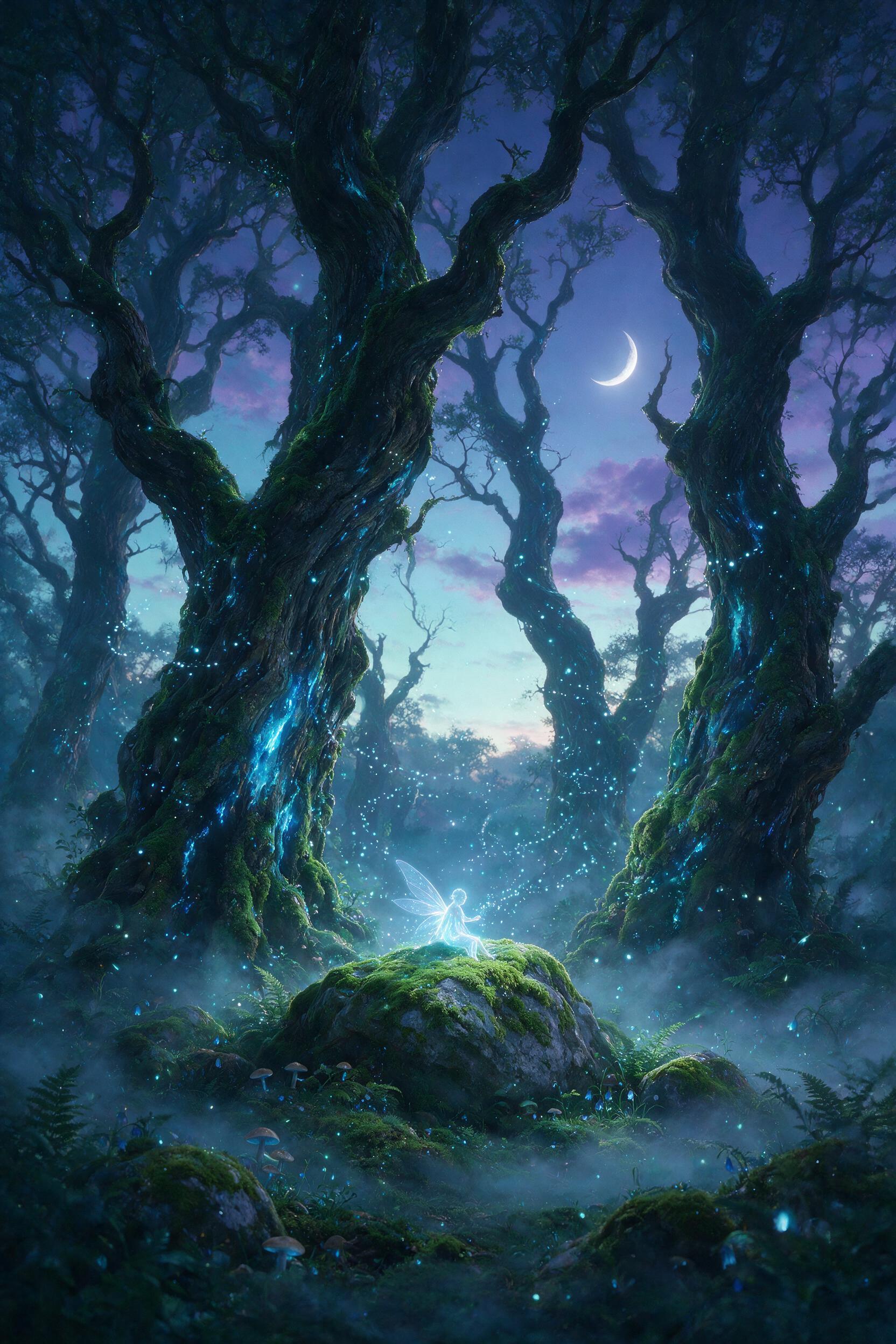 A luminous forest at twilight, where ancient trees with glowing blue sap twist skyward, fireflies dance in spirals, and a translucent winged figure sits on a mossy stone, soft mist hugging the ground, cool cyan and violet tones, gentle backlighting from a crescent moon, painterly brushstrokes, dream