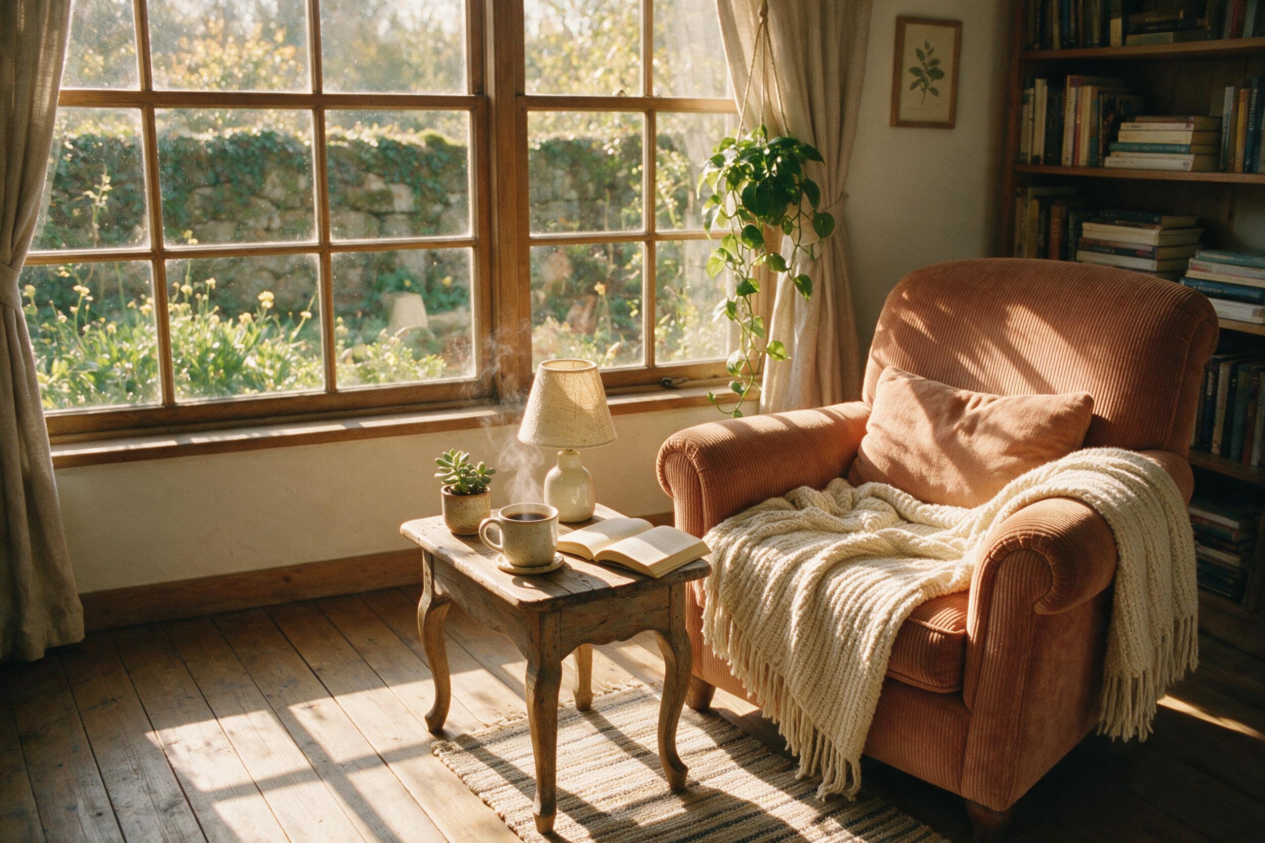 Warm afternoon sunlight streams through a large window, casting long shadows on a wooden floor. A cozy armchair with a knitted blanket sits beside a small table holding a steaming mug of coffee. Soft, natural lighting, slight camera shake, 35mm film grain.