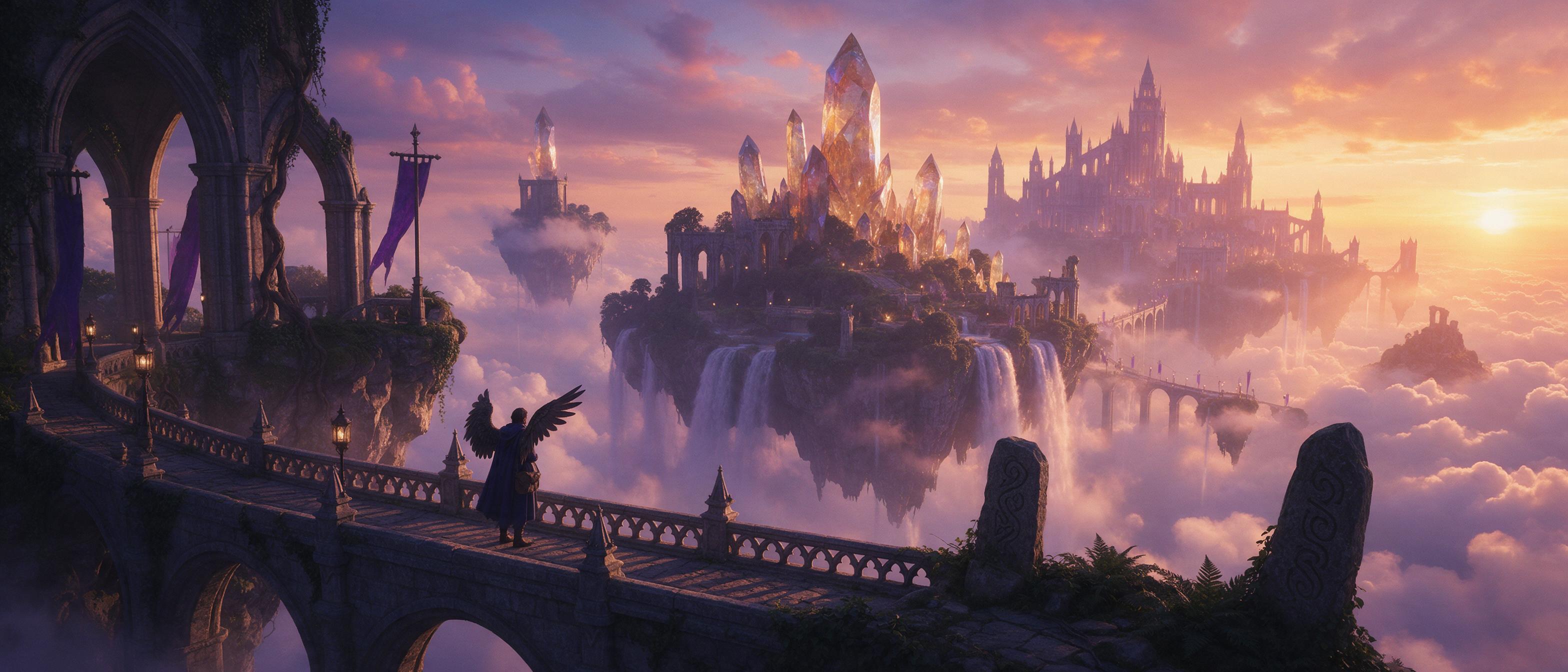 An ancient floating island kingdom among twilight clouds, crystal spires reflecting amber sunset glow, waterfalls cascading into the void below, a lone winged traveler on a stone bridge, mist weaving through gothic arches, dreamlike and ethereal, warm golden light with deep violet shadows, wide cine