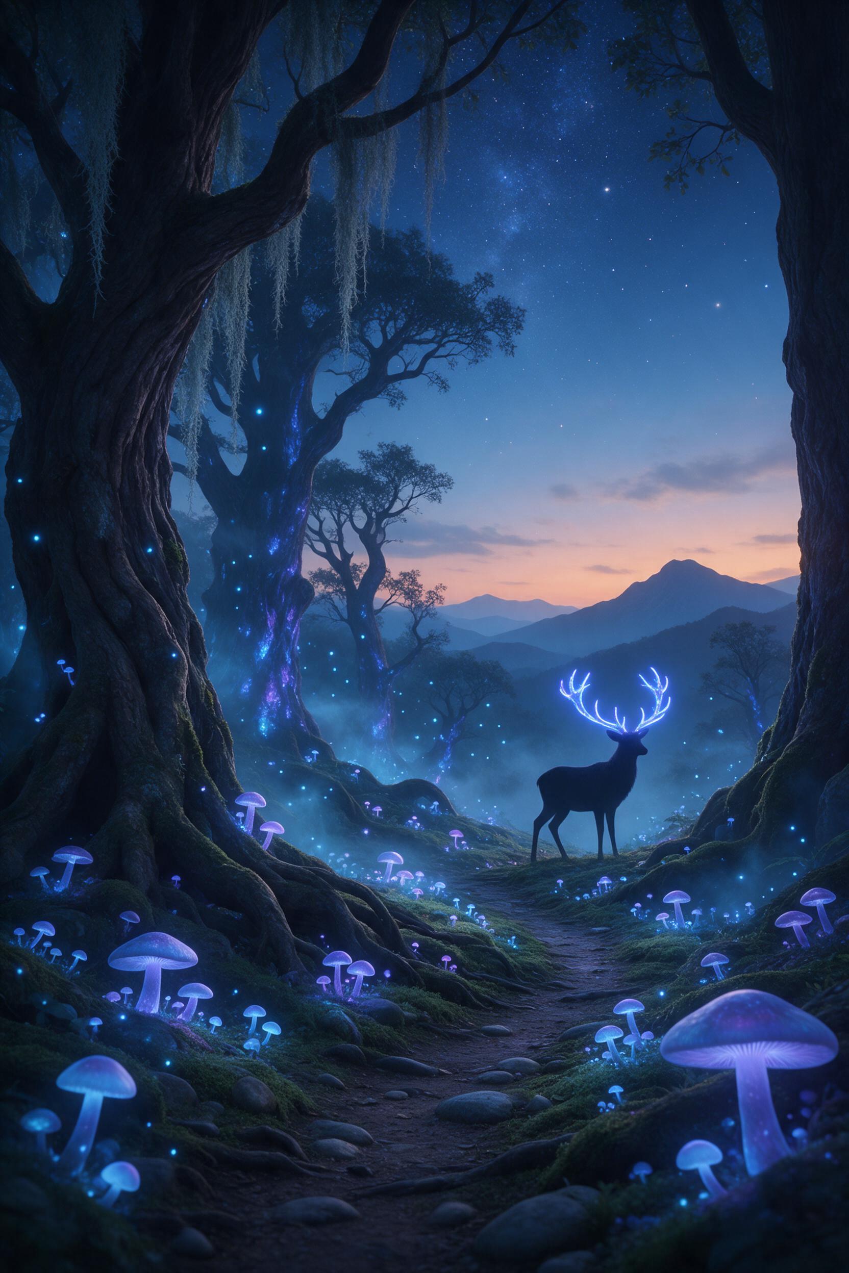A bioluminescent forest at dusk, where ancient gnarled trees emit soft blue and violet light, glowing mushrooms line a winding mossy path, fireflies drift like floating stars, mist curls between trunks, a silhouetted stag with glowing antlers stands still, distant mountains under a starry sky, ether