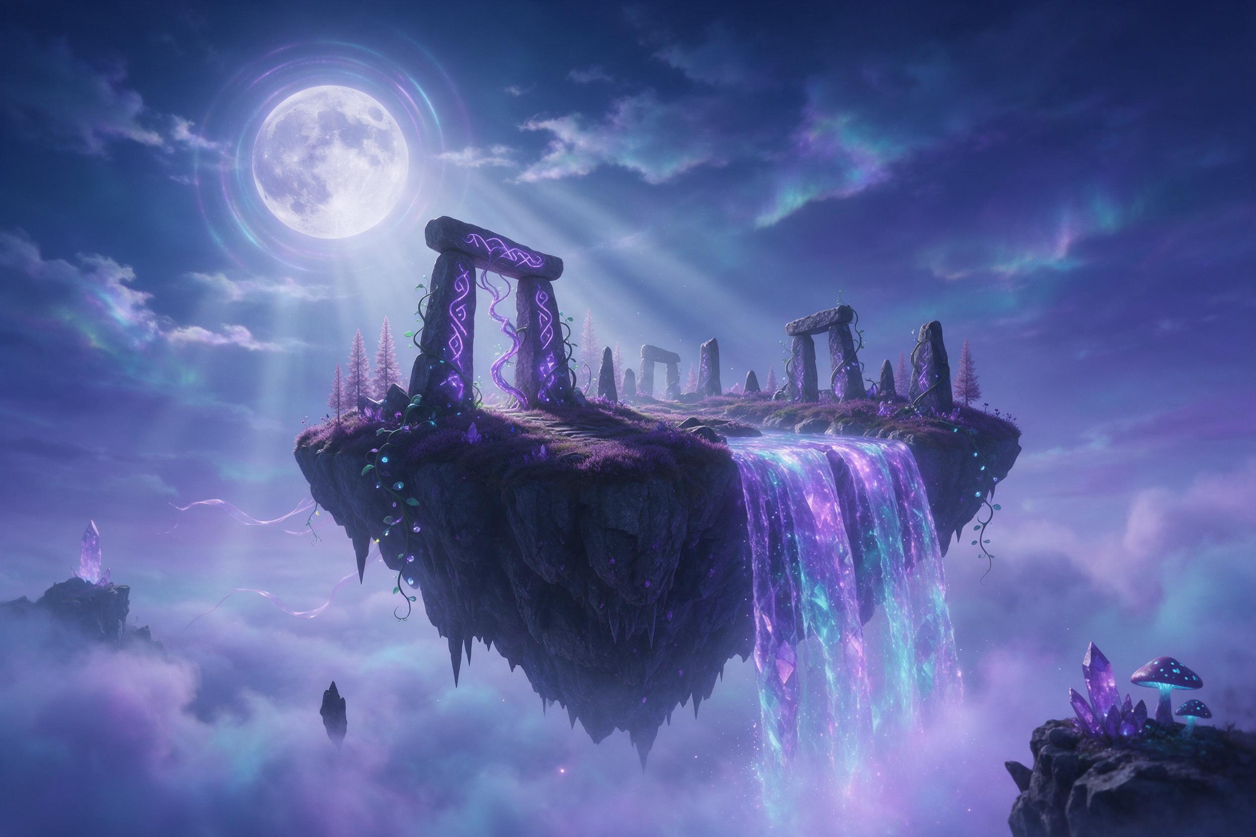 A moonlit floating island with a crystal waterfall cascading into mist, ancient glowing runes on stone arches, bioluminescent vines, purple-and-teal color palette, soft volumetric light through clouds, wide-angle composition, dreamy atmosphere, no people.