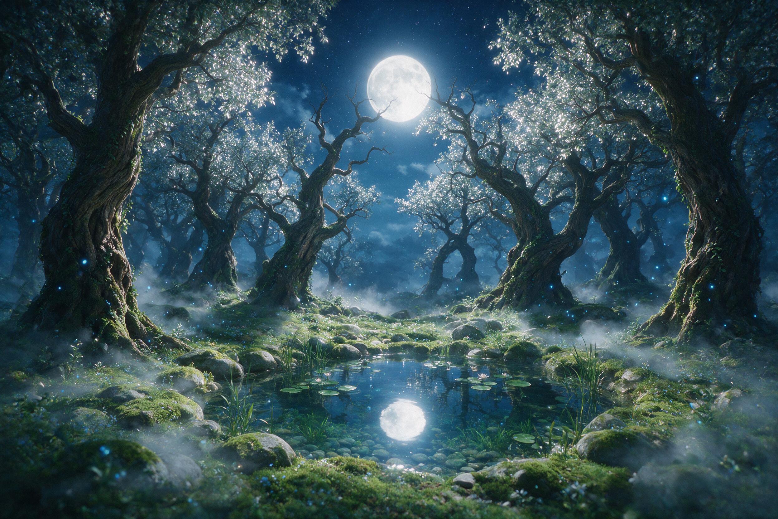 A moonlit enchanted forest clearing, ancient gnarled trees with glowing silver leaves, a faint mist weaving between mossy stones, tiny blue fireflies drifting, a crystal-clear pond reflecting the full moon, soft ethereal light, dreamy atmosphere, subtle film grain, no harsh shadows
