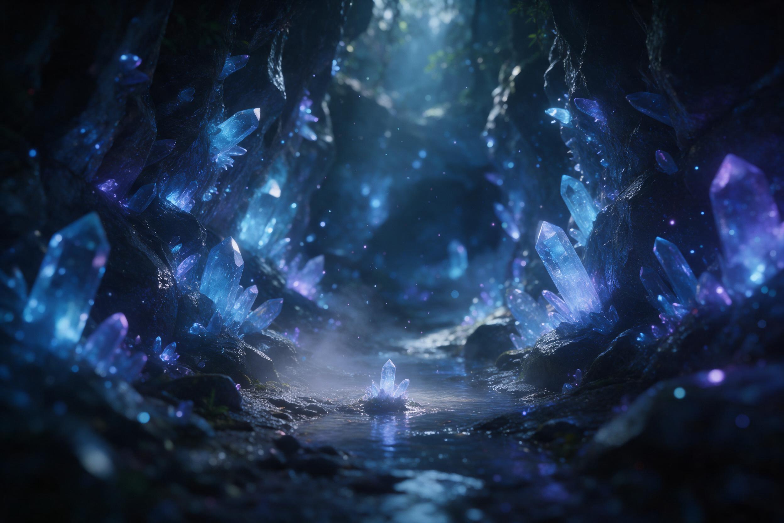A luminous crystal cavern beneath a dark forest, glowing blue and violet crystals protruding from wet stone walls, a small stream reflecting their light, mist rising from the water, ethereal floating spores, moody atmosphere with soft volumetric light from above, shallow depth of field focusing on a