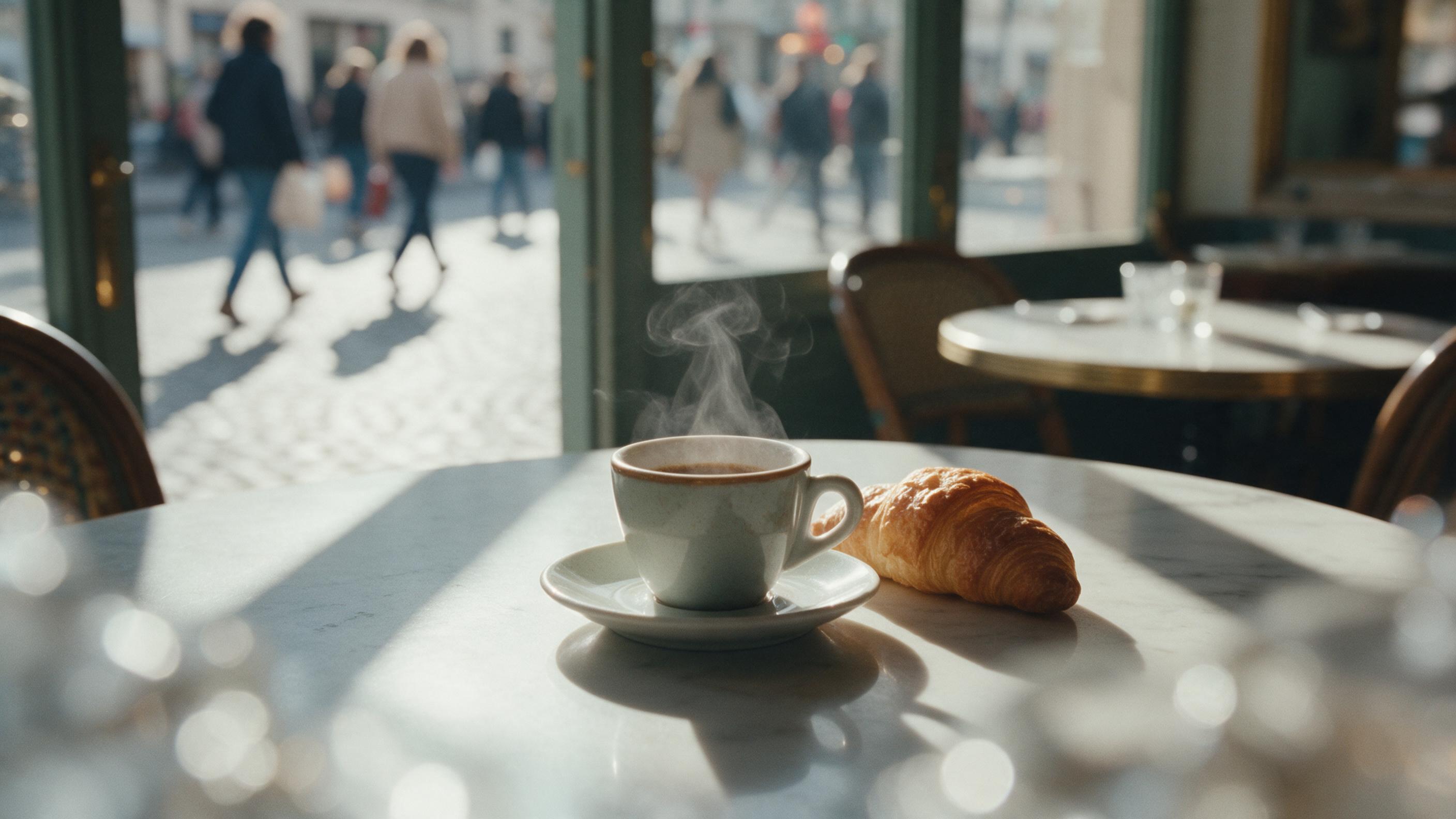 A quiet morning in a sunlit Parisian café, steam rising from a ceramic espresso cup, croissant on a marble table, soft window light casting long shadows, muted pastel tones, blurred pedestrians outside on a cobblestone street, cinematic composition with foreground bokeh, slight film grain, natural c