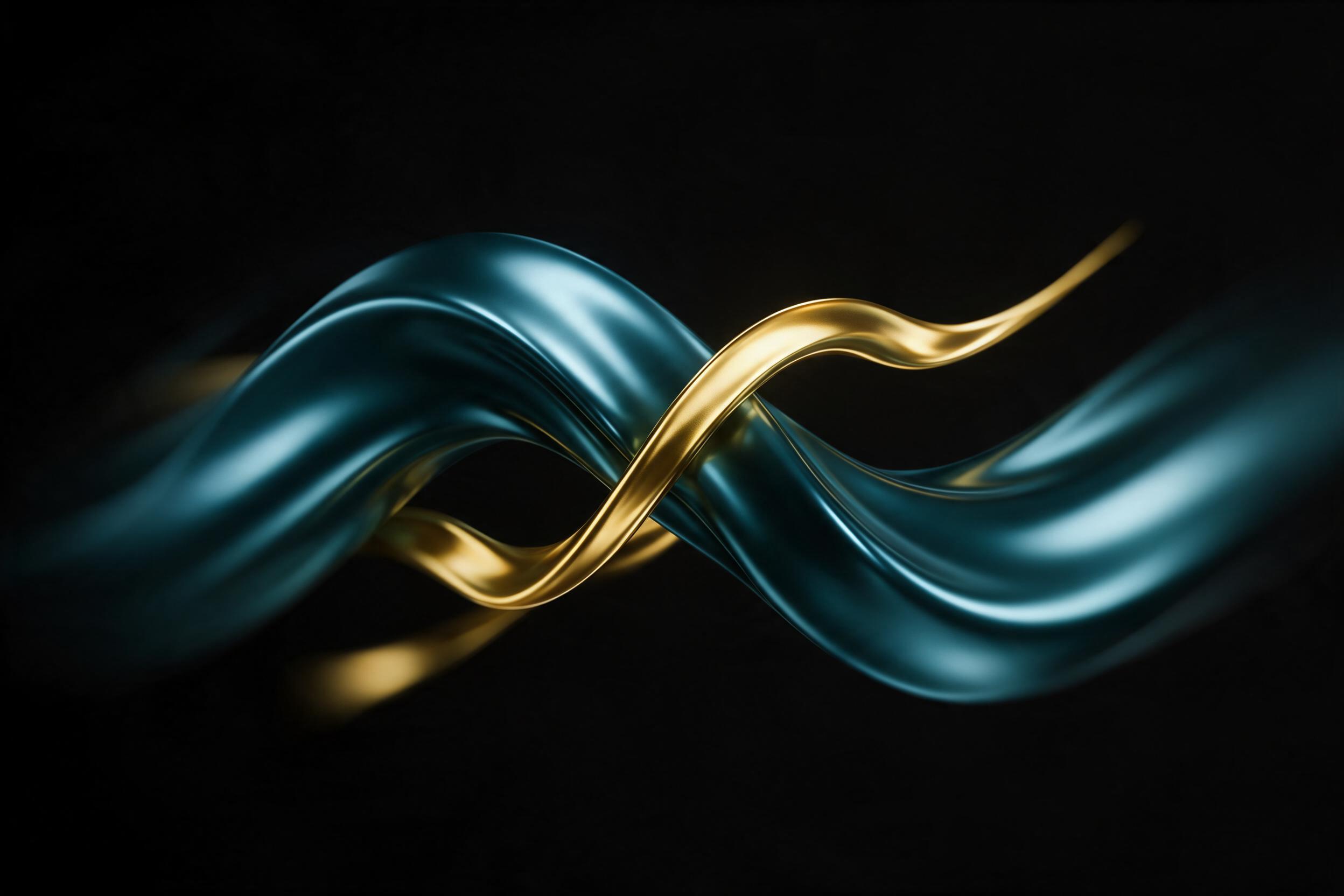 A minimalist abstract composition of flowing liquid metal in deep teal and molten gold, curving like silk ribbons against a matte black background. Soft studio lighting creates gentle highlights on each wave, with subtle motion blur conveying fluid movement. Centered composition, negative space arou
