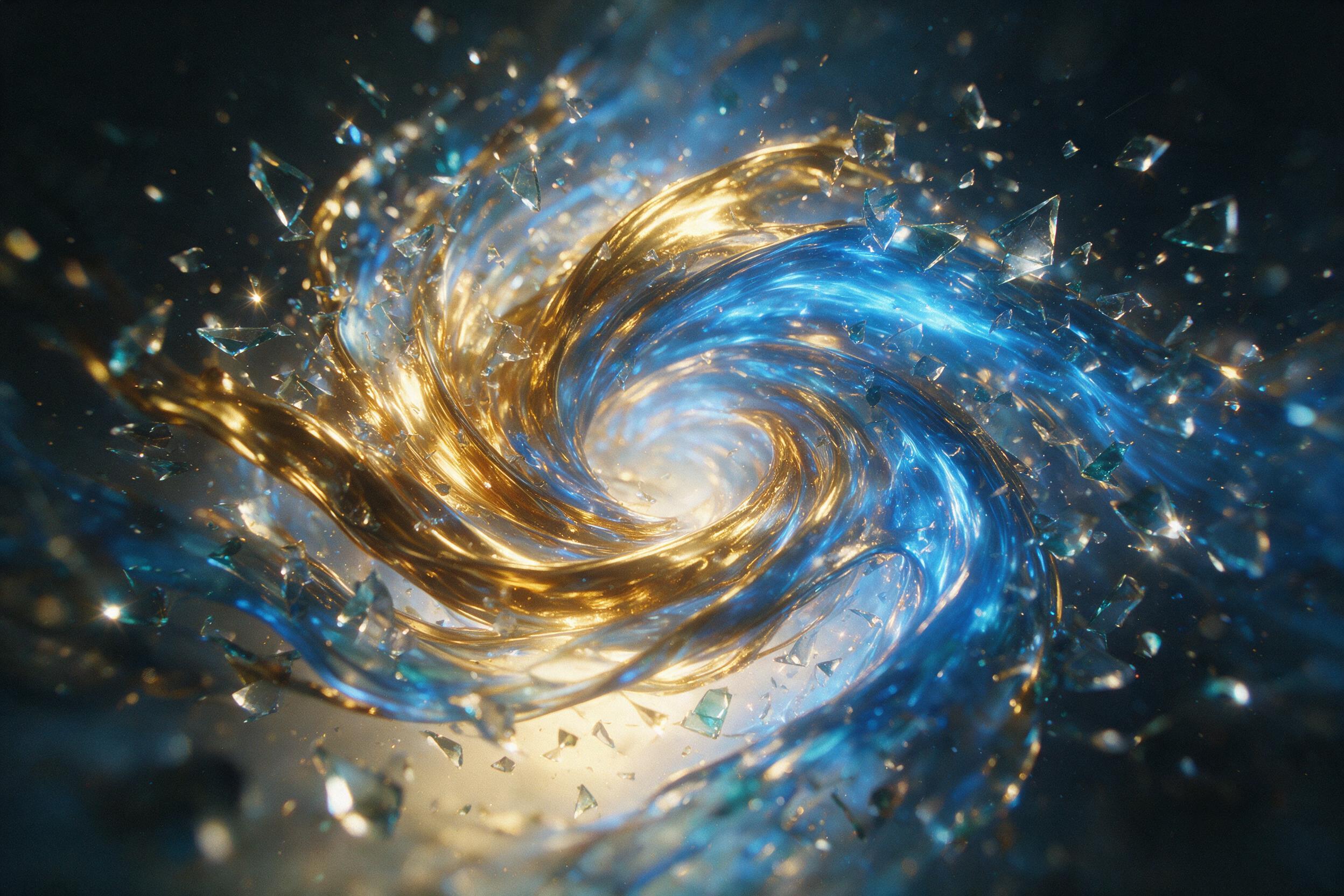 A swirling vortex of molten gold and electric blue, fluid curves intersecting with shattered glass fragments, soft gradient light from a low angle, depth of field blurring the edges, slight grain texture, minimalist composition with negative space.