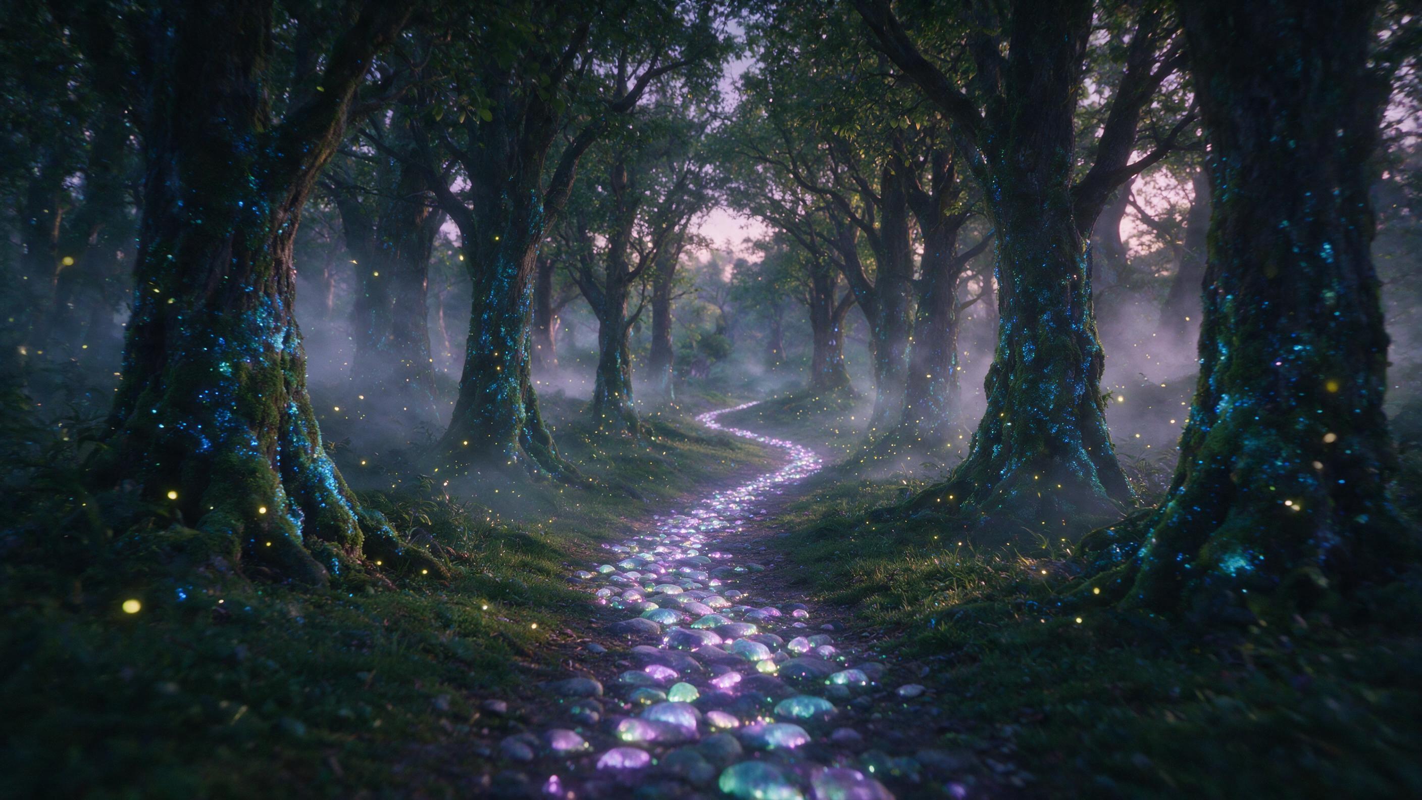 An enchanted forest at twilight, ancient trees with glowing blue moss, a winding path of luminescent stones, soft mist between trunks, warm fireflies dancing, muted green and purple tones, slight camera shake, natural lighting, cinematic composition with leading lines.