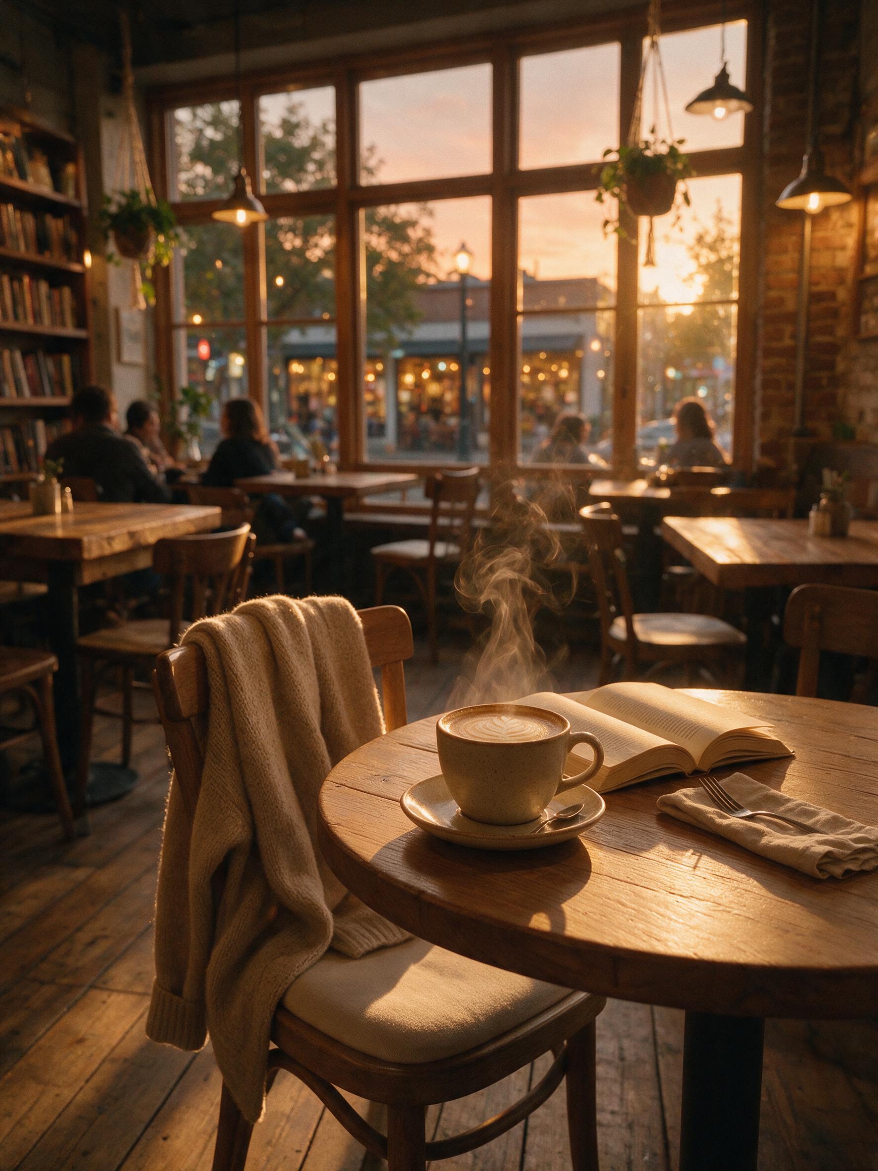 A cozy, warm-lit coffee shop interior at dusk, soft golden hour light streaming through large windows onto wooden tables, steam rising from a ceramic cup of latte, blurred background with bookshelves and hanging plants, slight film grain, natural shadows