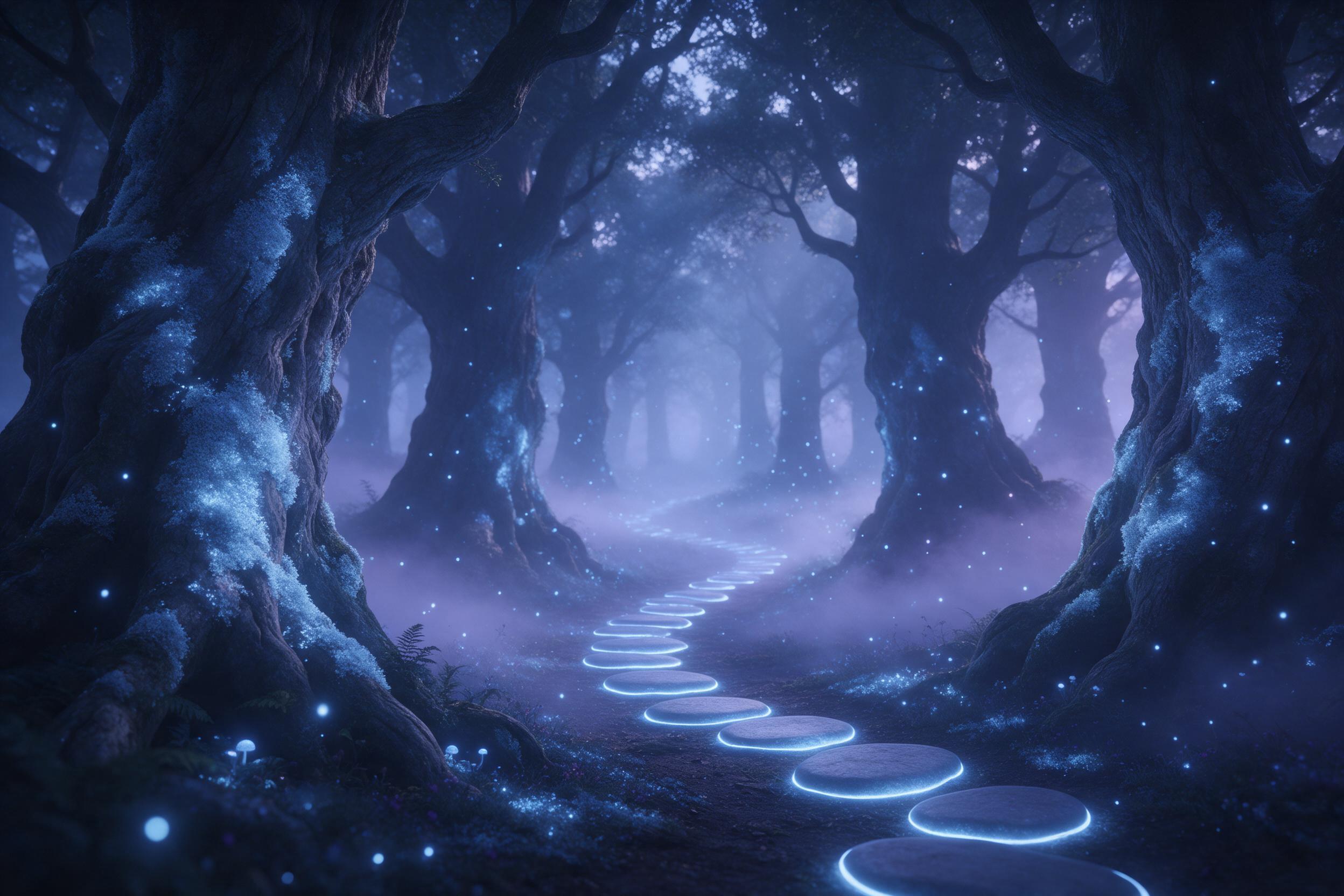 A bioluminescent ancient forest at twilight, massive gnarled trees with glowing blue moss, tiny floating fireflies, a winding path of luminous stepping stones, soft mist between trunks, cool blue and violet palette, gentle volumetric light filtering through canopy, serene and mysterious atmosphere
