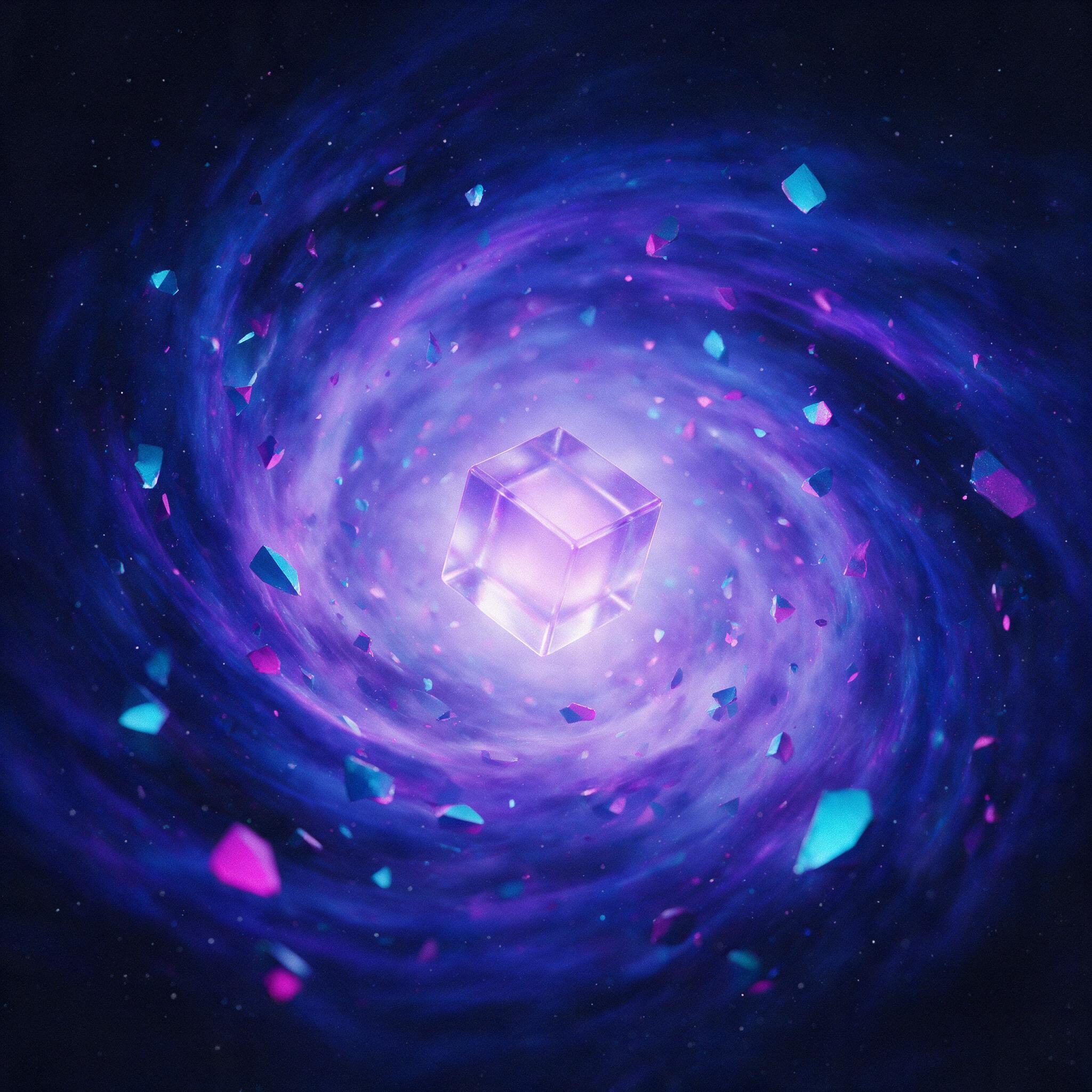 A swirling vortex of deep indigo and electric violet, fragmented geometric shards of cyan and magenta floating in a dark void. Soft, diffused backlighting creates a sense of depth. The composition is balanced, with a central focal point of a single, glowing, translucent cube. Slight grain and subtle