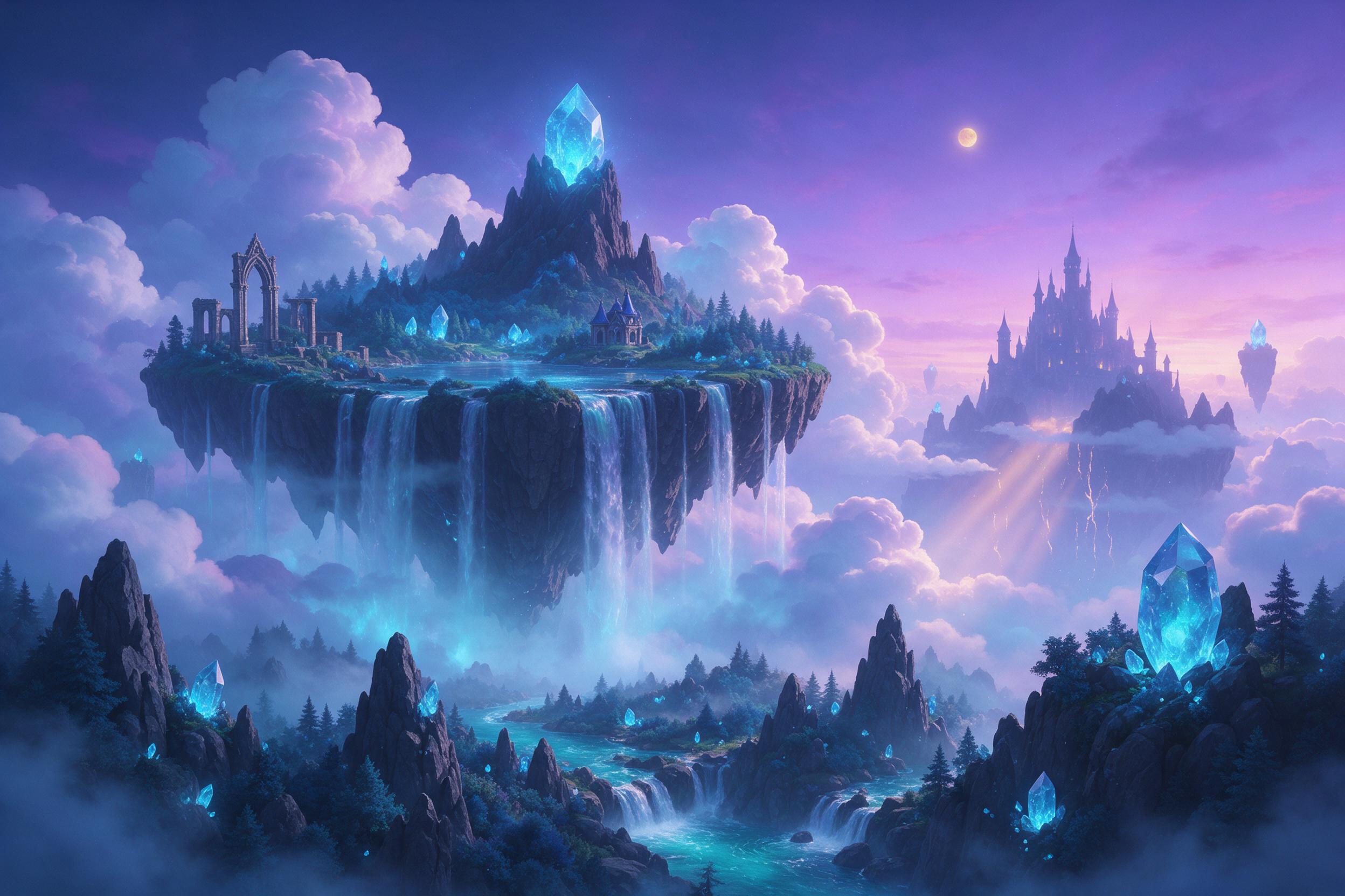 A mystical floating island with cascading waterfalls and glowing blue crystals, surrounded by luminous clouds at dusk, a magical castle silhouette on the horizon, ethereal light rays, vibrant purple and teal color palette, soft mist, cinematic composition, dreamlike atmosphere