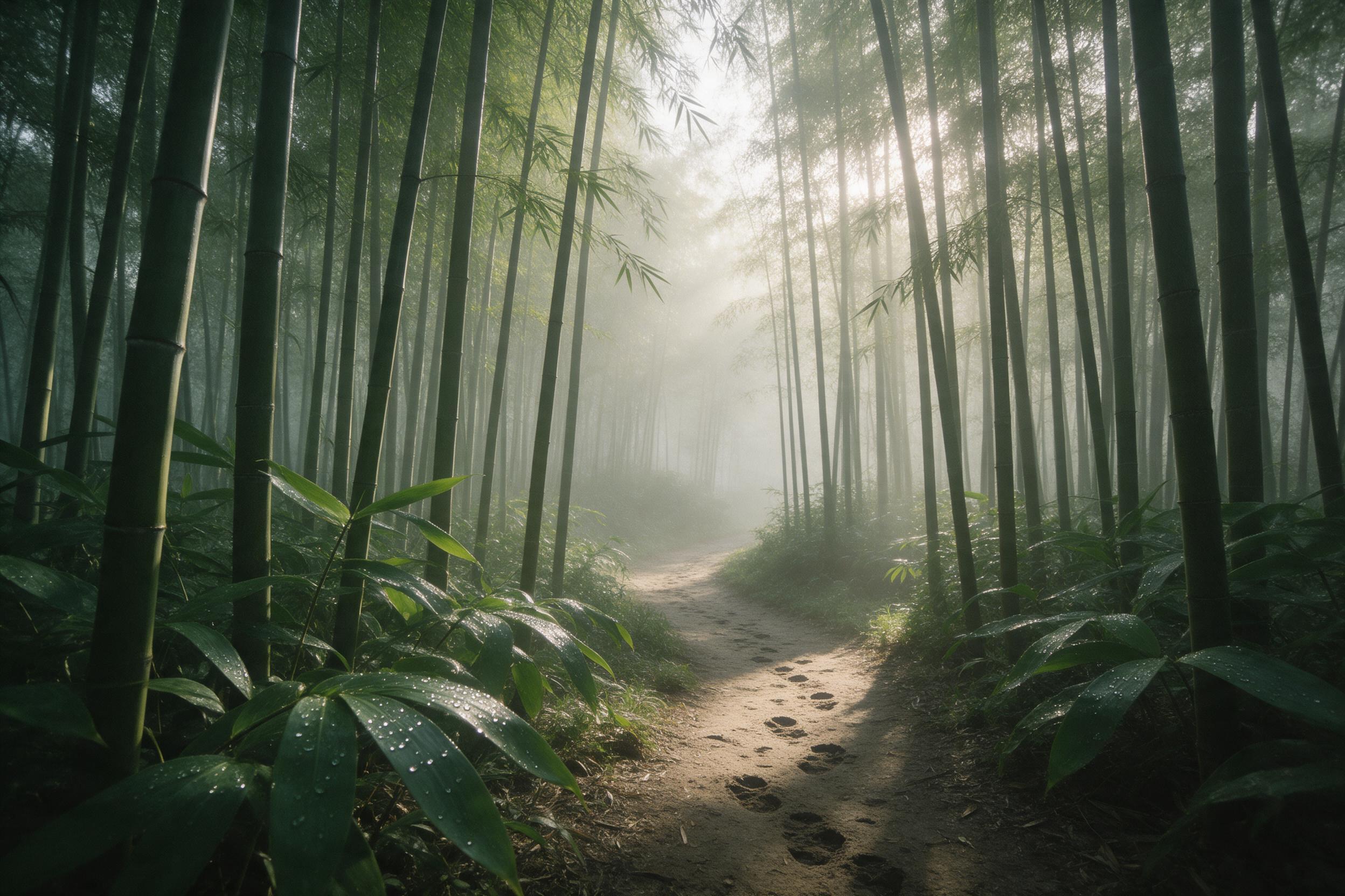 A dense, misty bamboo forest at dawn, pale gold sunlight filtering through tall green stalks, dew drops on broad leaves, winding dirt path with fresh footprints, soft haze and gentle shadows, quiet and serene atmosphere, subtle grain for realism