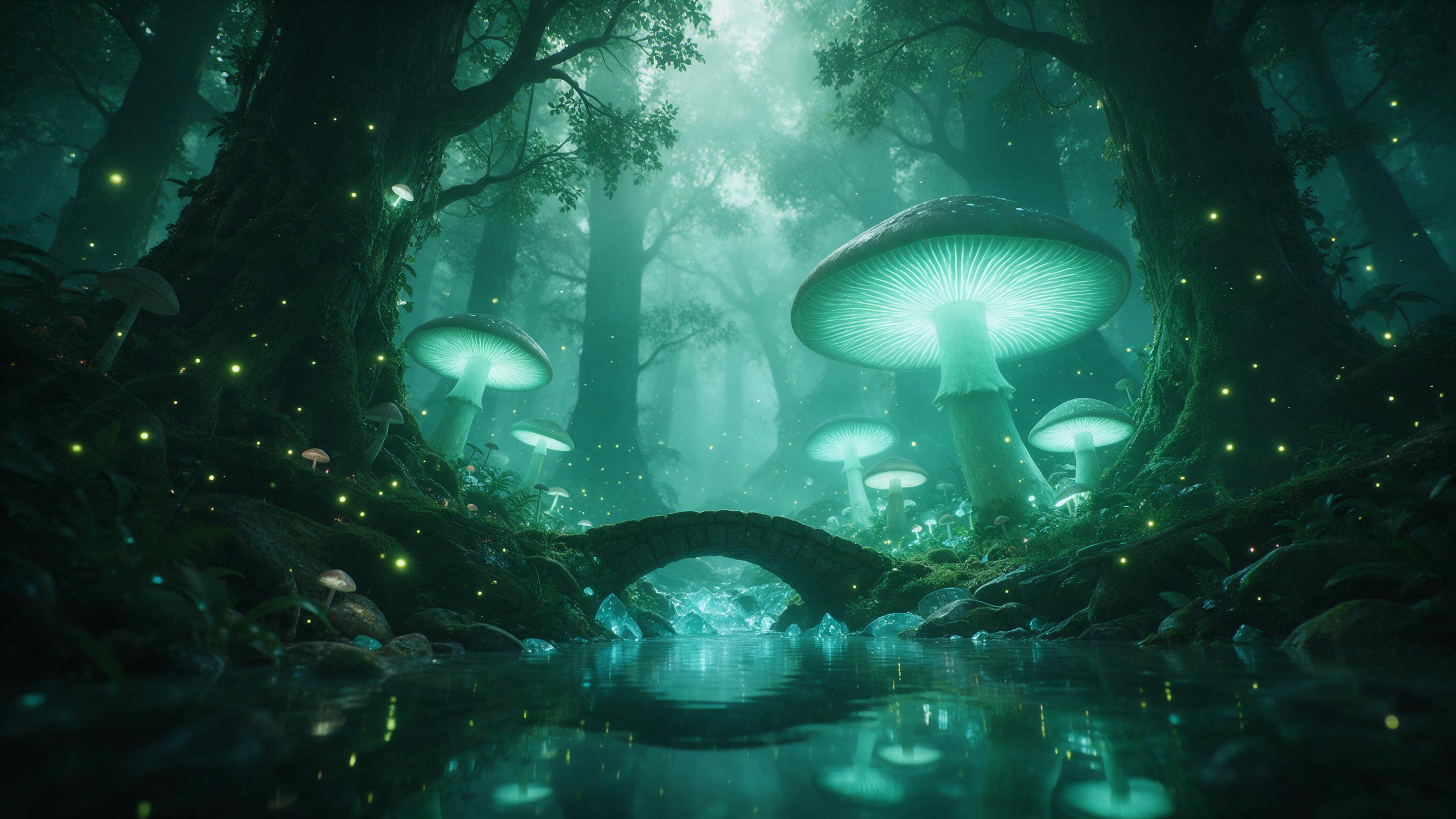 A misty emerald forest with giant glowing mushrooms casting soft teal light, a small stone bridge over a crystalline stream, fireflies drifting between ancient mossy trees, low-angle view, ethereal atmosphere, water reflections, dreamy haze