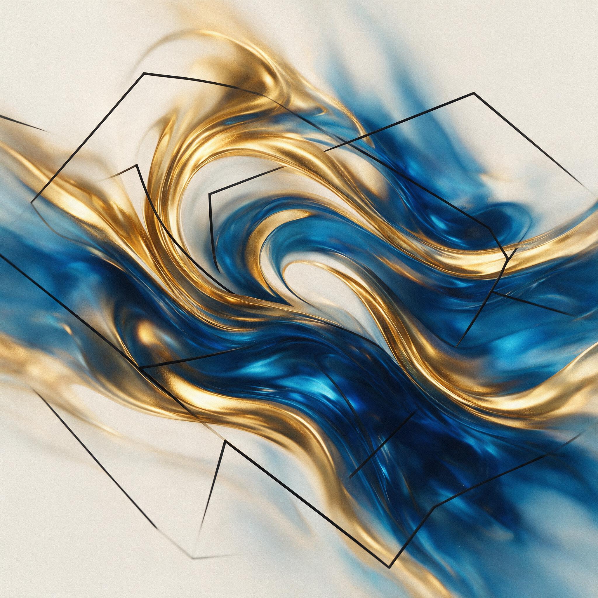 Abstract composition of swirling golden and deep blue fluid forms resembling molten metal and ocean currents, with soft gradient lighting, sharp geometric lines contrasting organic curves, minimal and clean, slight grain for texture, 300 chars