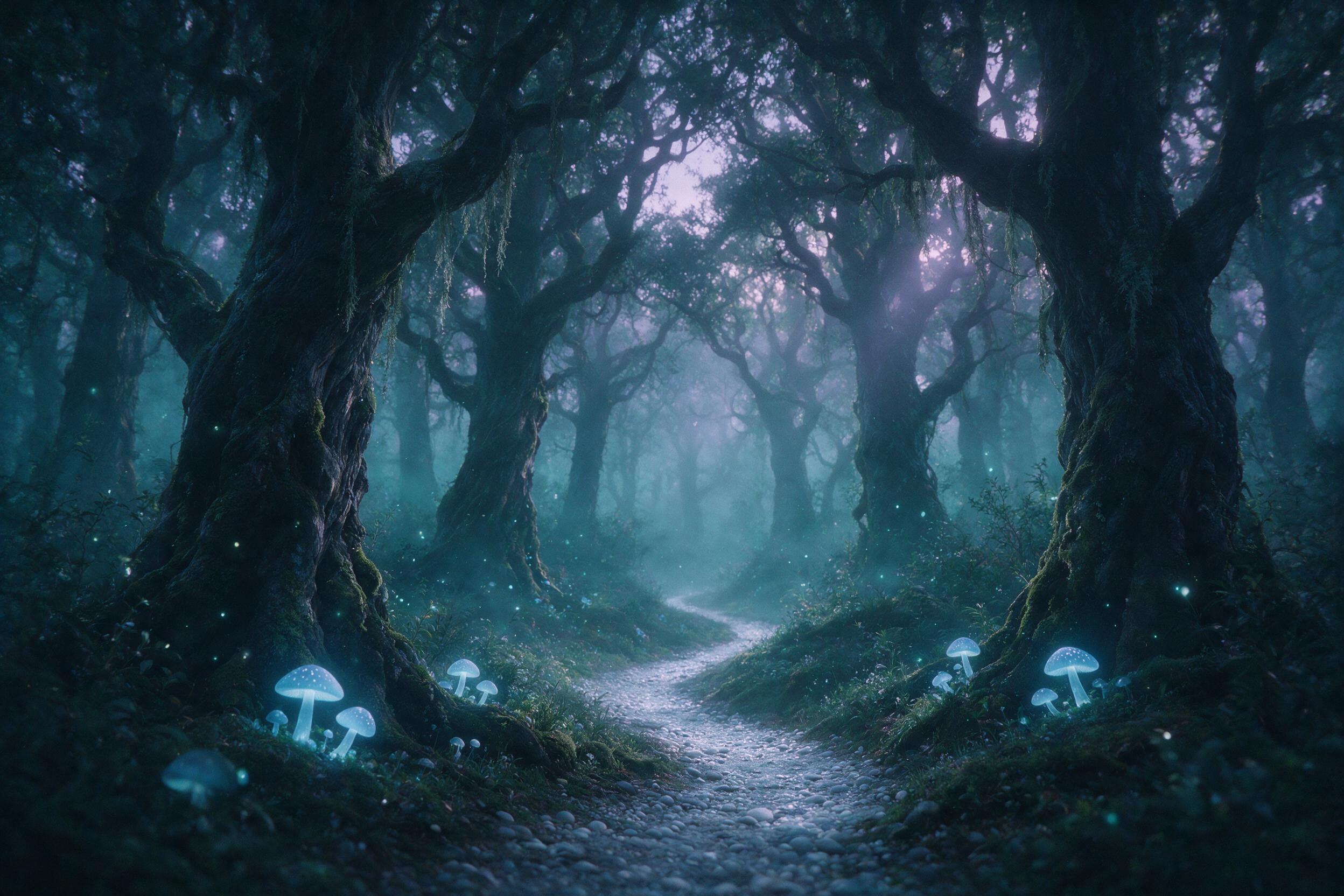 A misty forest at twilight, ancient twisted trees with glowing blue mushrooms at their roots, a faint silver path winding into the fog, soft ethereal light filtering through the canopy, fireflies drifting, muted teal and purple palette, dreamlike atmosphere, subtle film grain