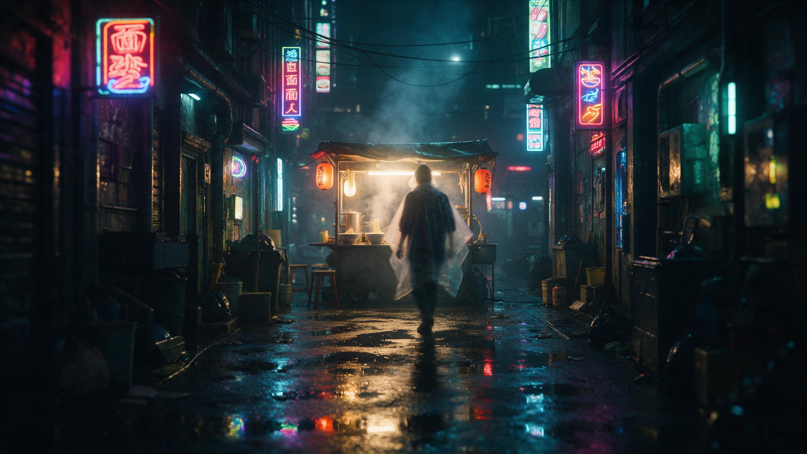 A rain-soaked cyberpunk alley at night, neon signs reflecting in puddles, a lone figure in a translucent poncho walking toward a glowing noodle stand, steam rising, volumetric light, shallow depth of field, slight motion blur, cinematic composition