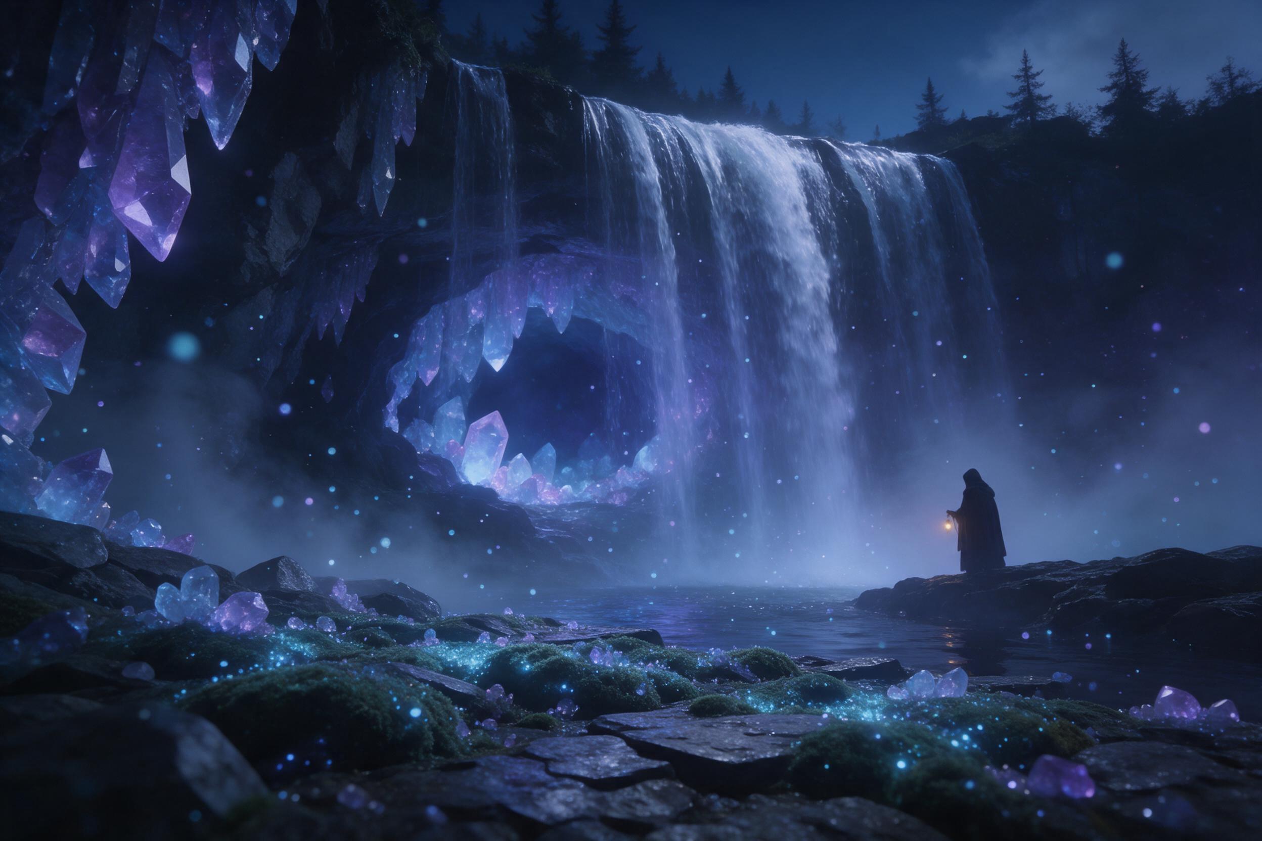A glowing crystal cave entrance hidden behind a cascading waterfall, bioluminescent moss and floating spores illuminating the rocks, soft blue and violet light, mist swirling, distant silhouette of a hooded figure holding a lantern, cinematic composition, dreamy atmosphere