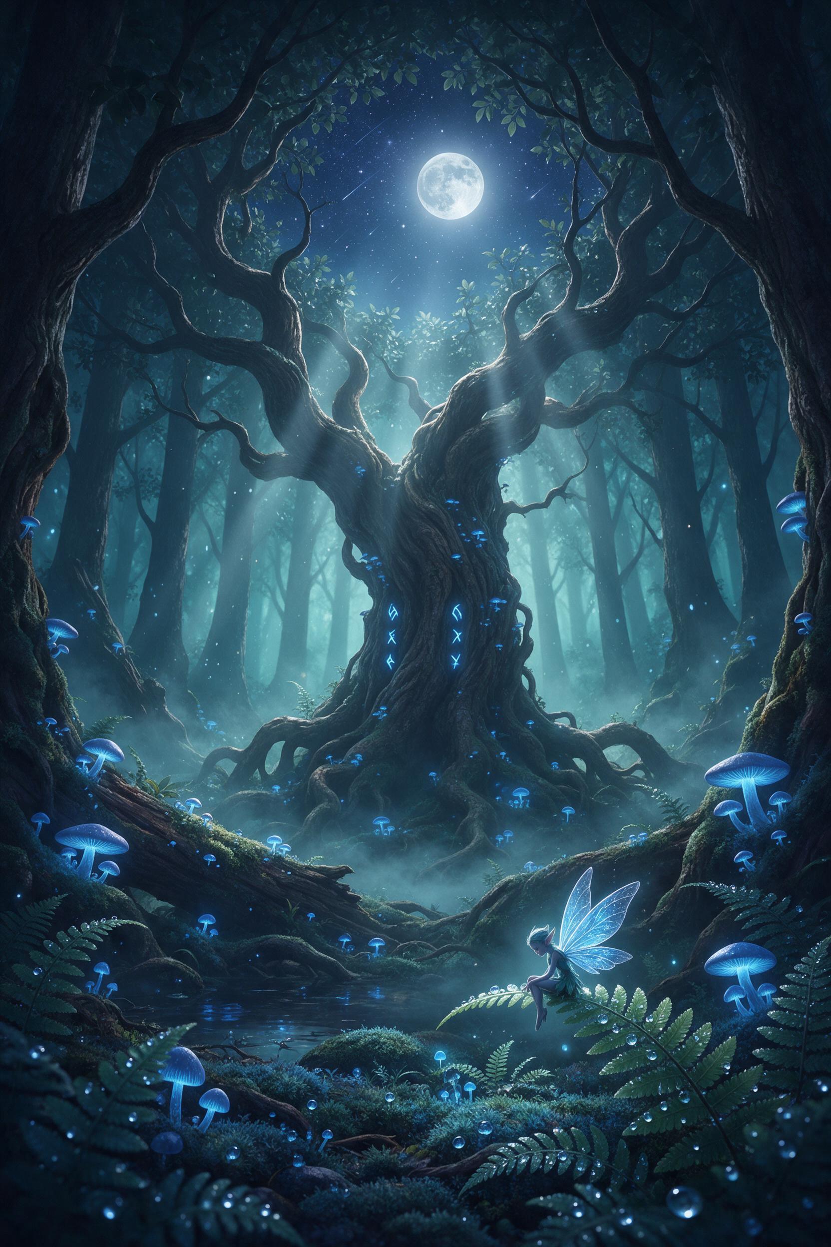A serene moonlit fairy grove with glowing blue mushrooms and ancient twisted trees, soft mist weaving between roots, a tiny winged creature resting on a dew-covered fern, gentle teal and silver color palette, dreamy atmosphere with volumetric light rays piercing the canopy.